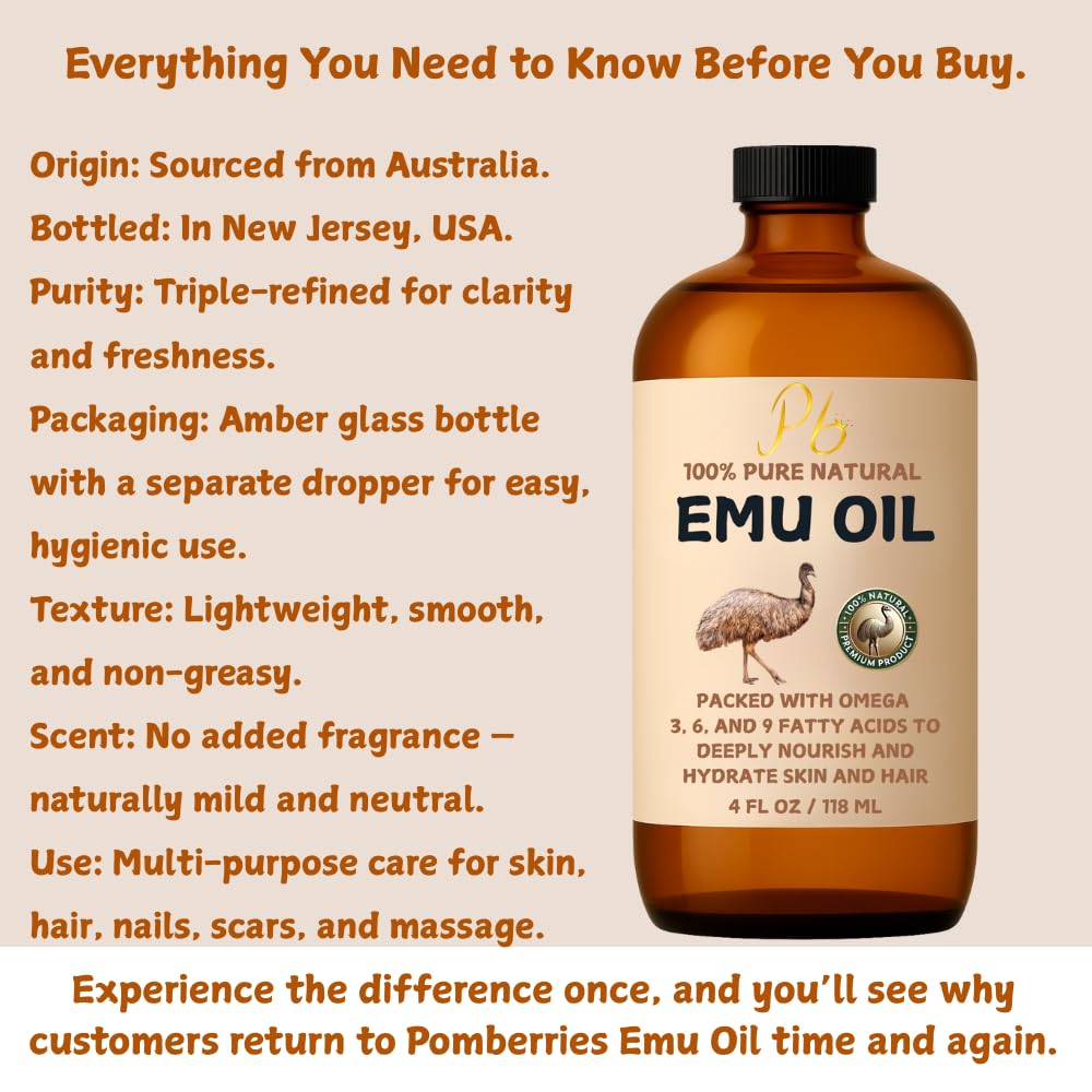Pomberries Emu Oil, 100% Pure Australian Emu Oil for Skin, 4 fl oz