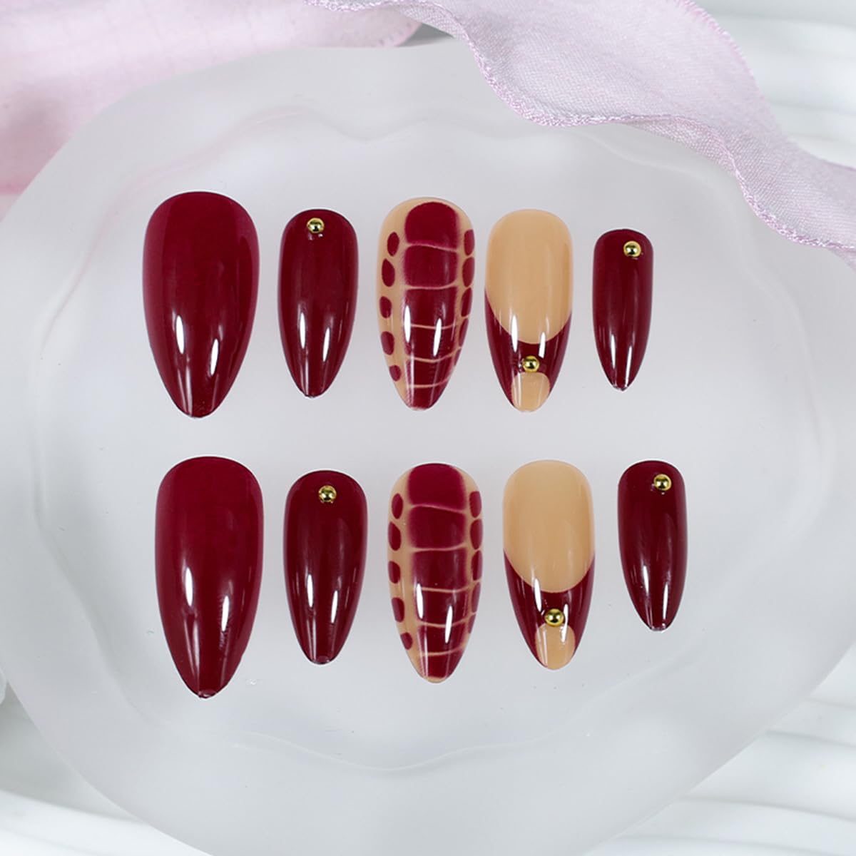 24Pcs Wine Red Press on Nails Medium Almond Fake Nails Press ons Nail Art Kit with Leopard Print Gold Beads Designs French Tips False Nails Full Cover Acrylic Stick on Nail for Women Manicure