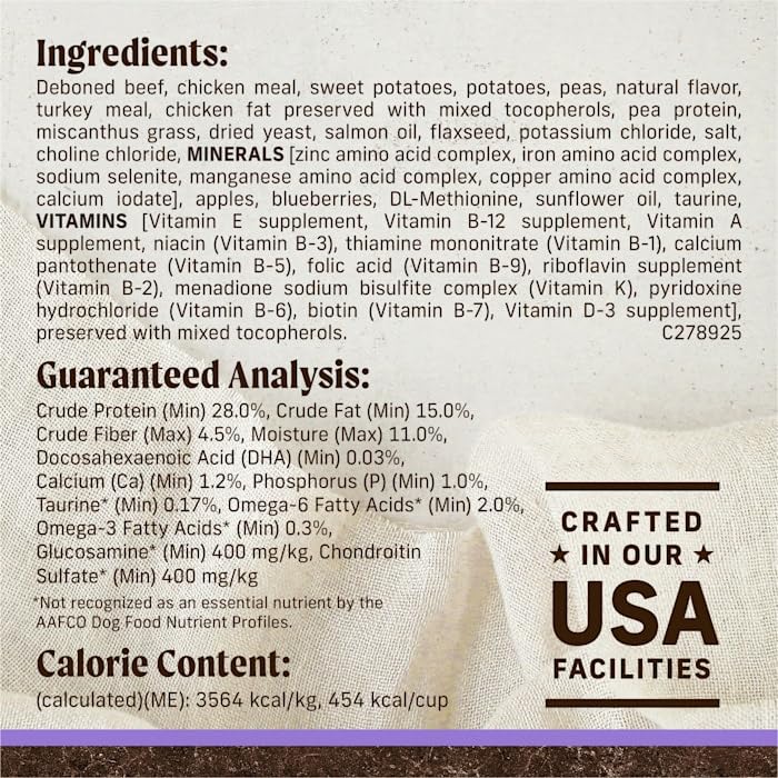 Merrick Grain Free Beef and Sweet Potato Puppy Food in 4 lb bag, showing the packaging with colorful label and images of ingredients.