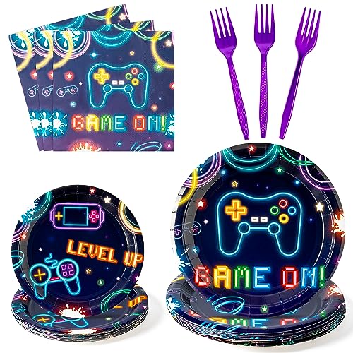 96Pcs Video Game Party Plates Supplies Neon Game On Party - Product Imagery