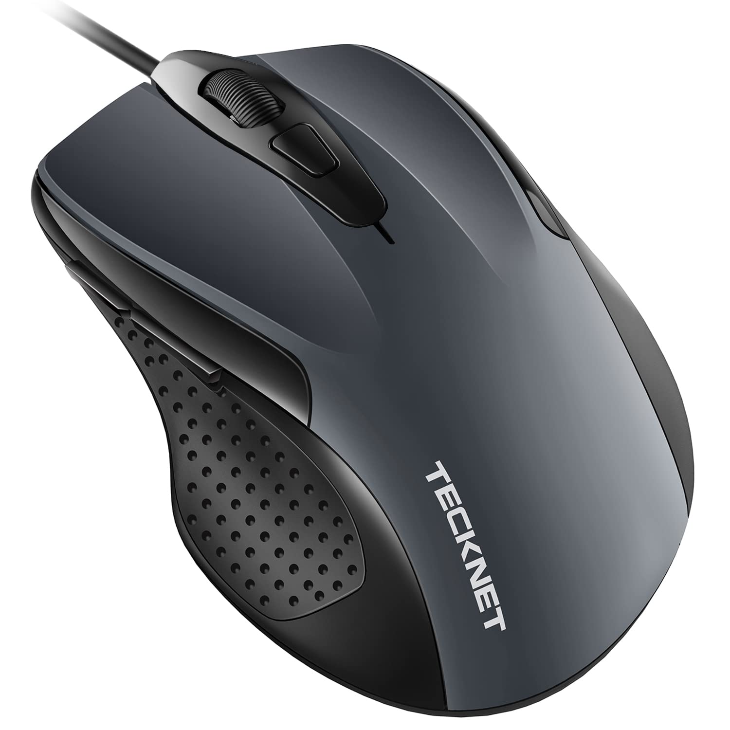 Gray TECKNET USB wired input mouse with forward and backward keys, four adjustable DPI settings and ergonomic design.