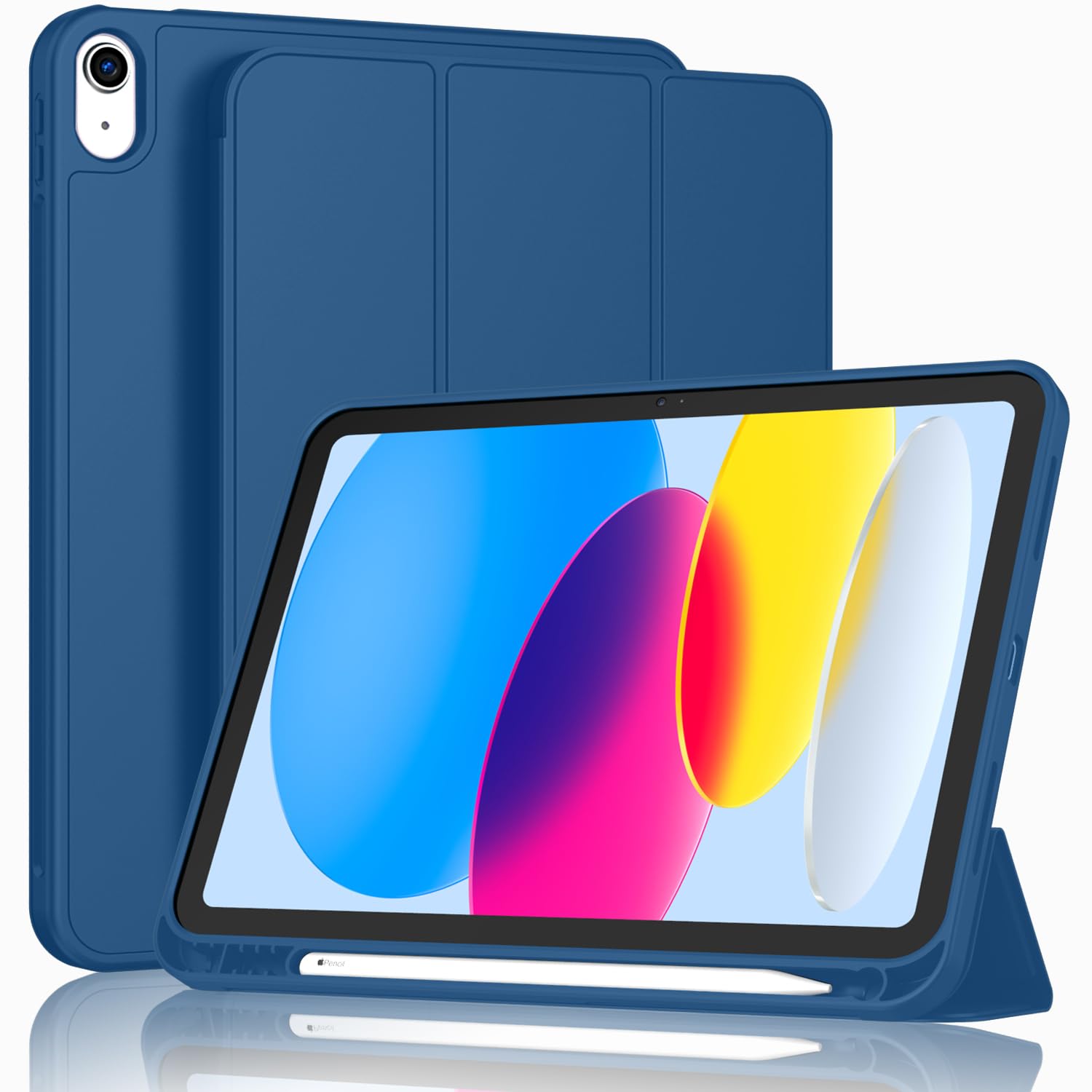 ToaPoia navy blue iPad case for 11-inch and 10th gen iPad, slim trifold stand, soft TPU back, pencil holder, auto sleep/wake.