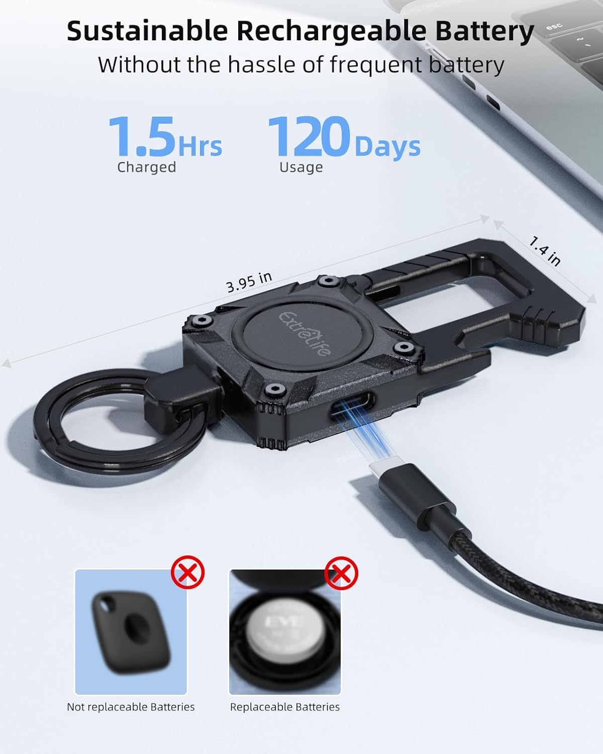 Heavy-duty ExtreLife keychain with bottle opener and carabiner, compatible with Apple Find My, attached to car keys.