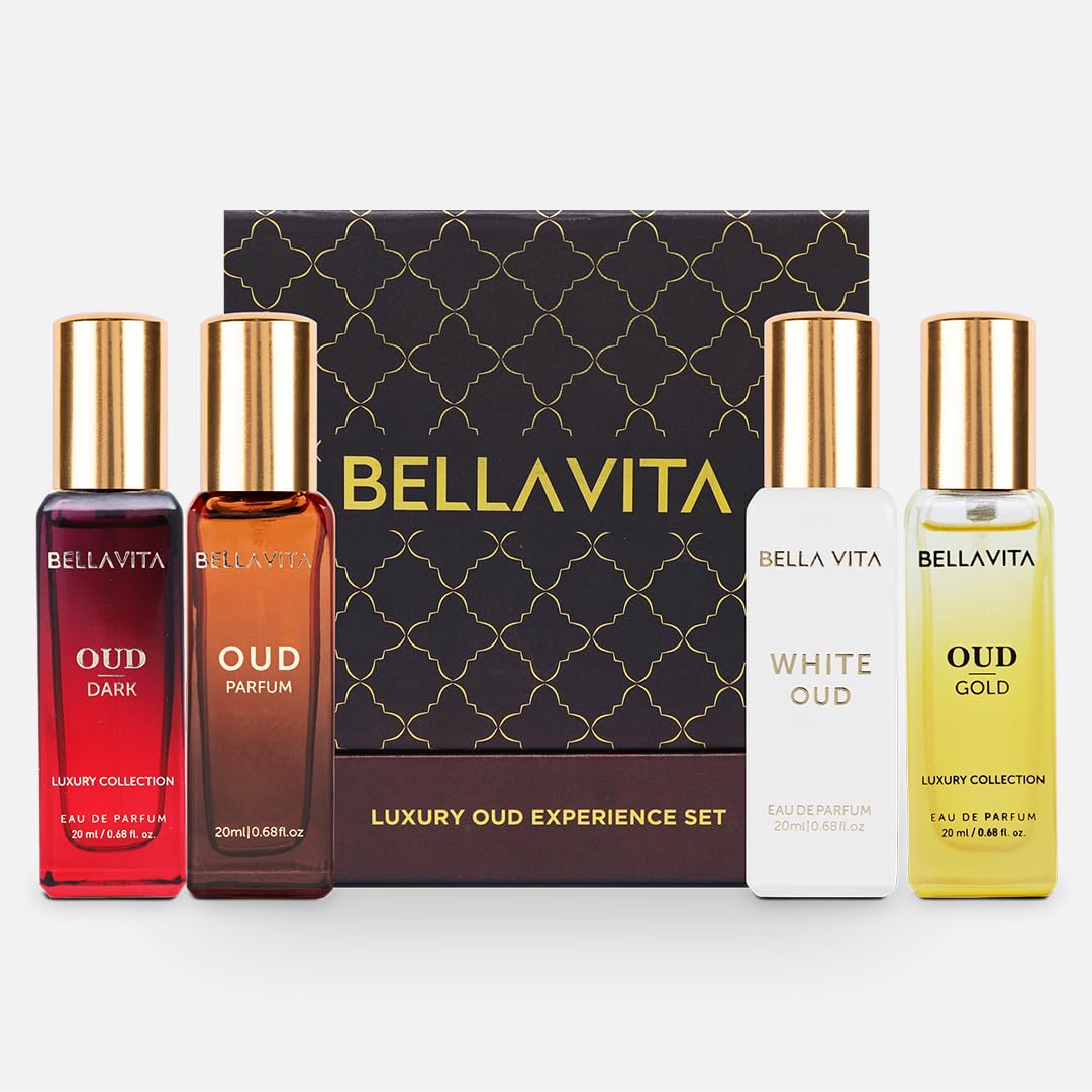 BellaVita Luxury Oud Experience gift set with four 20ml bottles of premium Arabic unisex perfumes displayed.