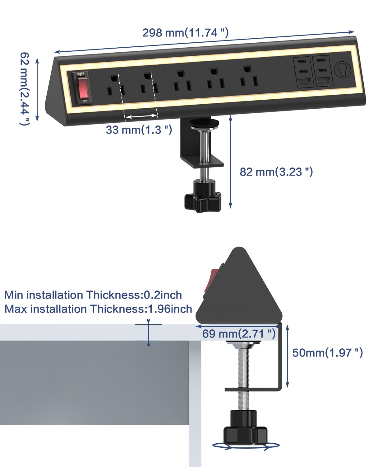 Desk Clamp Power Strip with Nightlight 40W Fast Charging 6FT - NYYTGE Official Imagery - 8