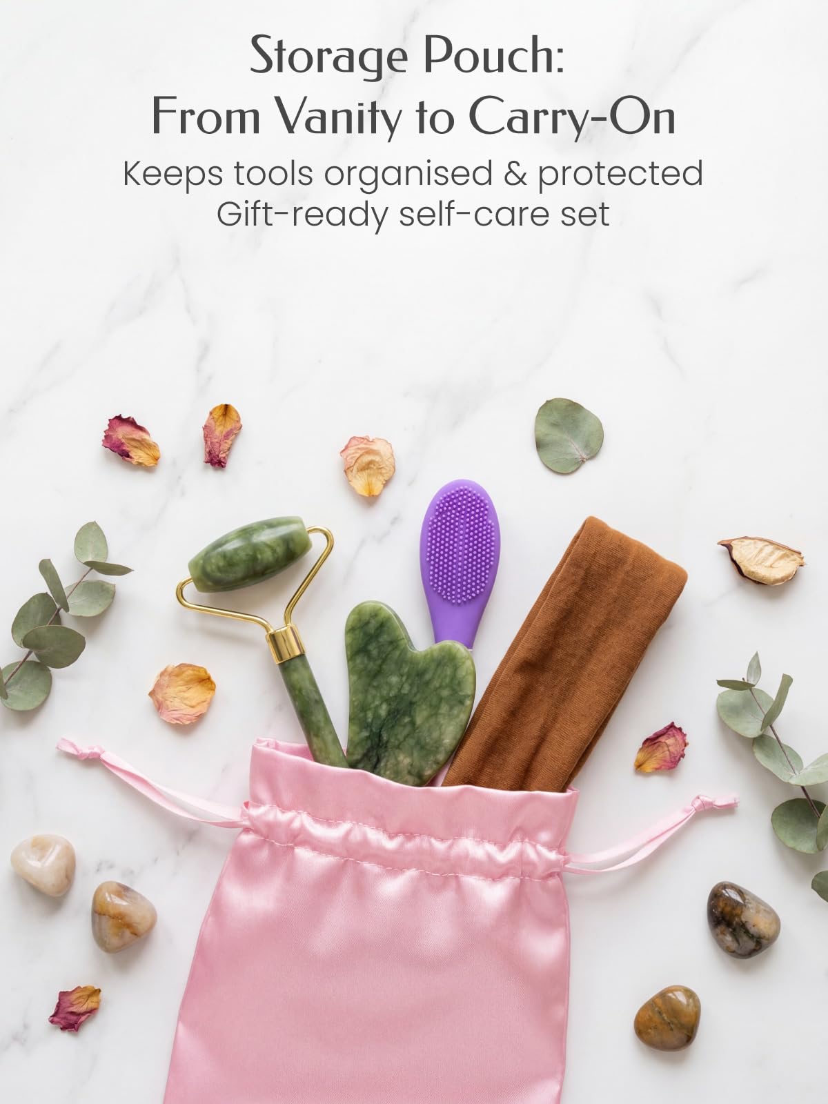 5PCS Face Roller & Gua Sha Facial Tools, Face Massage for Wrinkle Reduction & Puffiness Relief, Includes Silicone Scrubber, Headband & Travel Pouch, Jawline Sculpting and Pore Cleansing Set