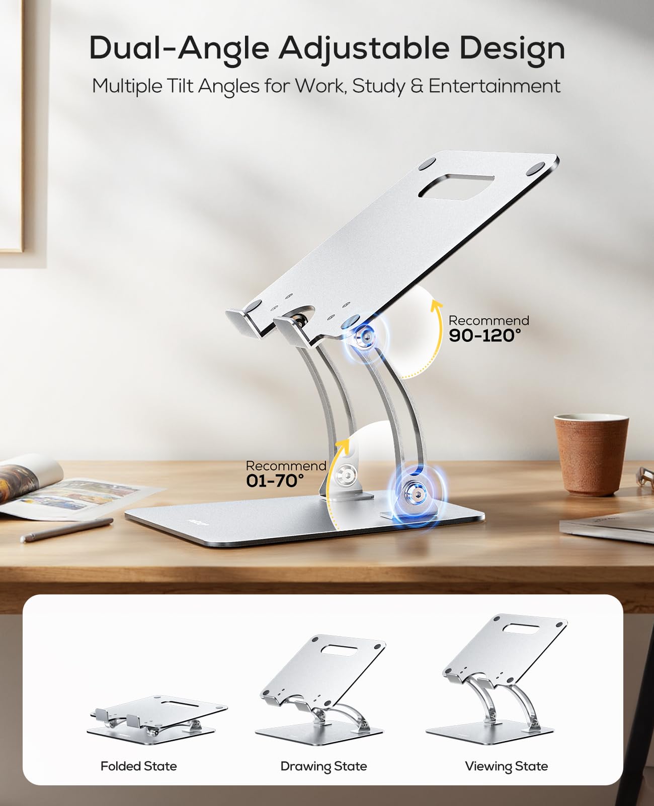 Nulaxy ergonomic adjustable laptop stand with heat vents and foldable design, suitable for Mac and 10-17 inch laptops.