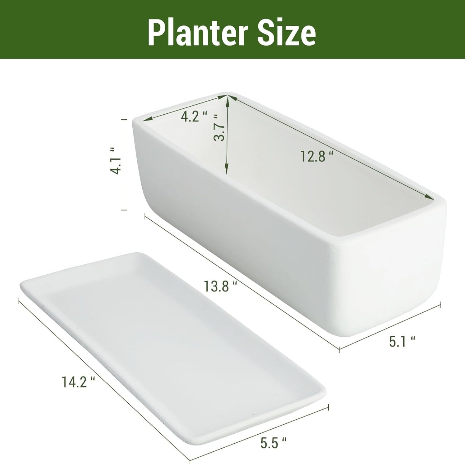 MyGift 14-inch rectangular ceramic indoor plant pot with drainage hole, ideal for houseplants and decorative gardening.