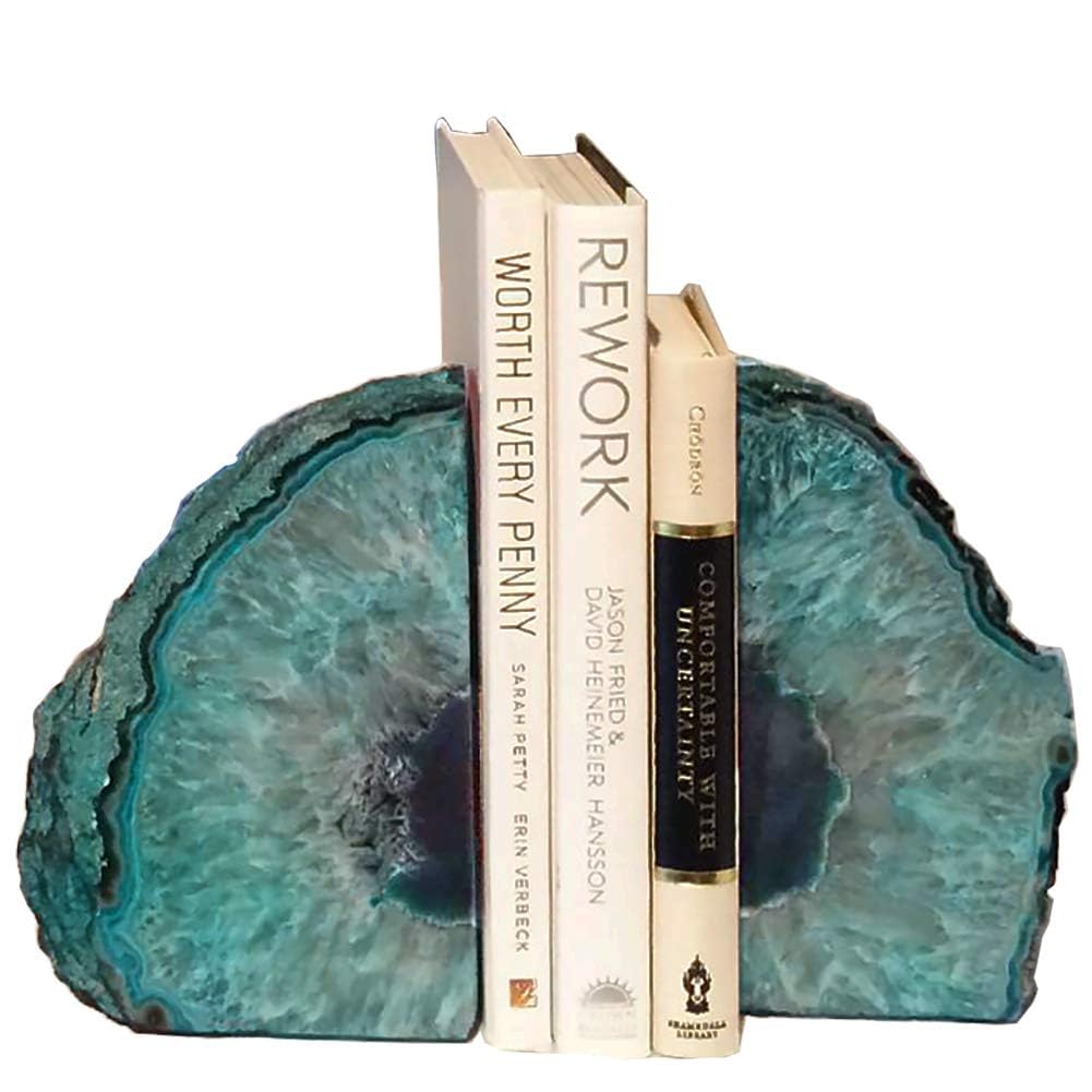 Agate Geode Bookends Heavy Duty Teal Crystal Stone Book - AMOYSTONE Official Imagery - 1