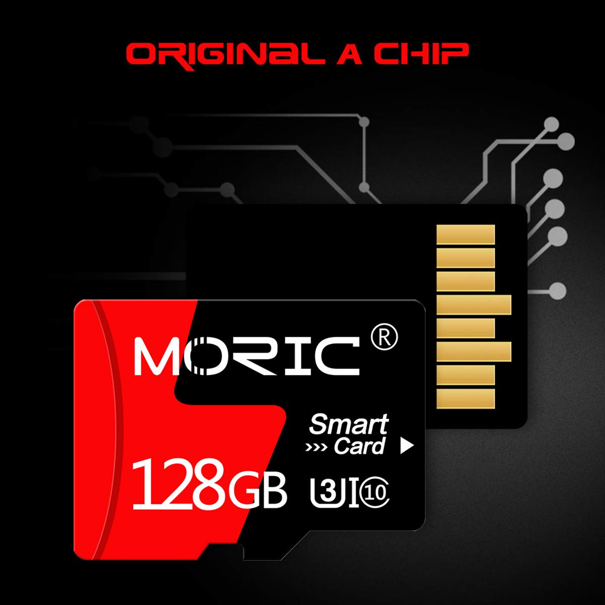 Two 128GB MORIC micro SD cards with adapters, high-speed C10 A1 TF memory cards for cameras, smartphones, tablets, and drones.
