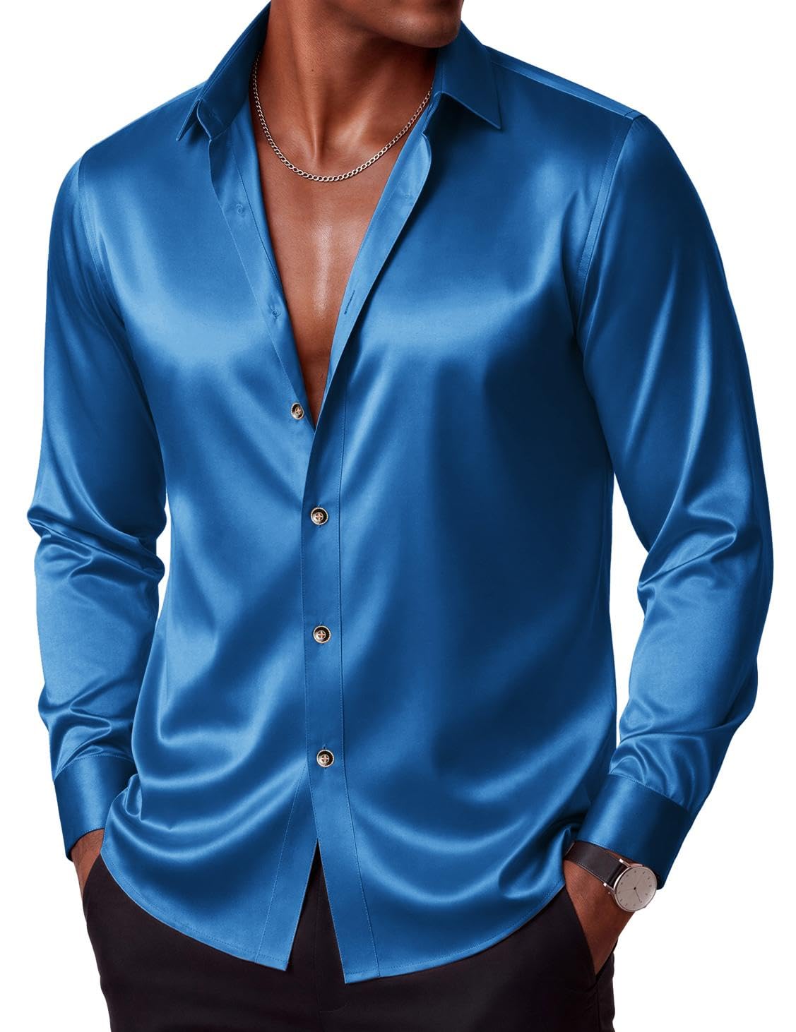 COOFANDY Mens Silk Satin Dress Shirts Long Sleeve Shiny Button - Product Imagery