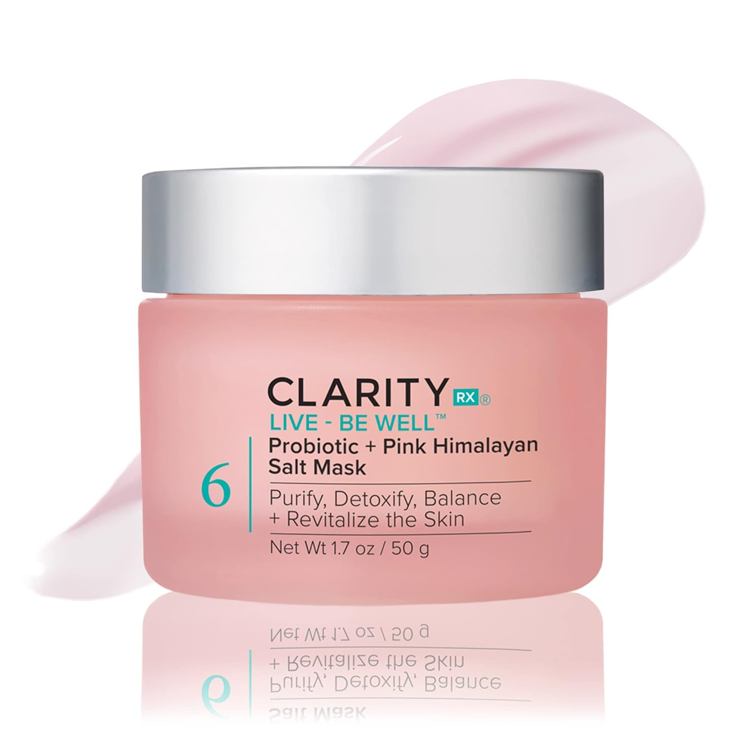 ClarityRx Live + Be Well probiotic and pink Himalayan salt face mask in a jar, highlighting natural skincare ingredients.