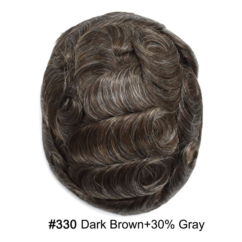 Curve Hair men's monofilament toupee in #330 dark brown, 7x10 inches, with realistic hair and natural hairline.