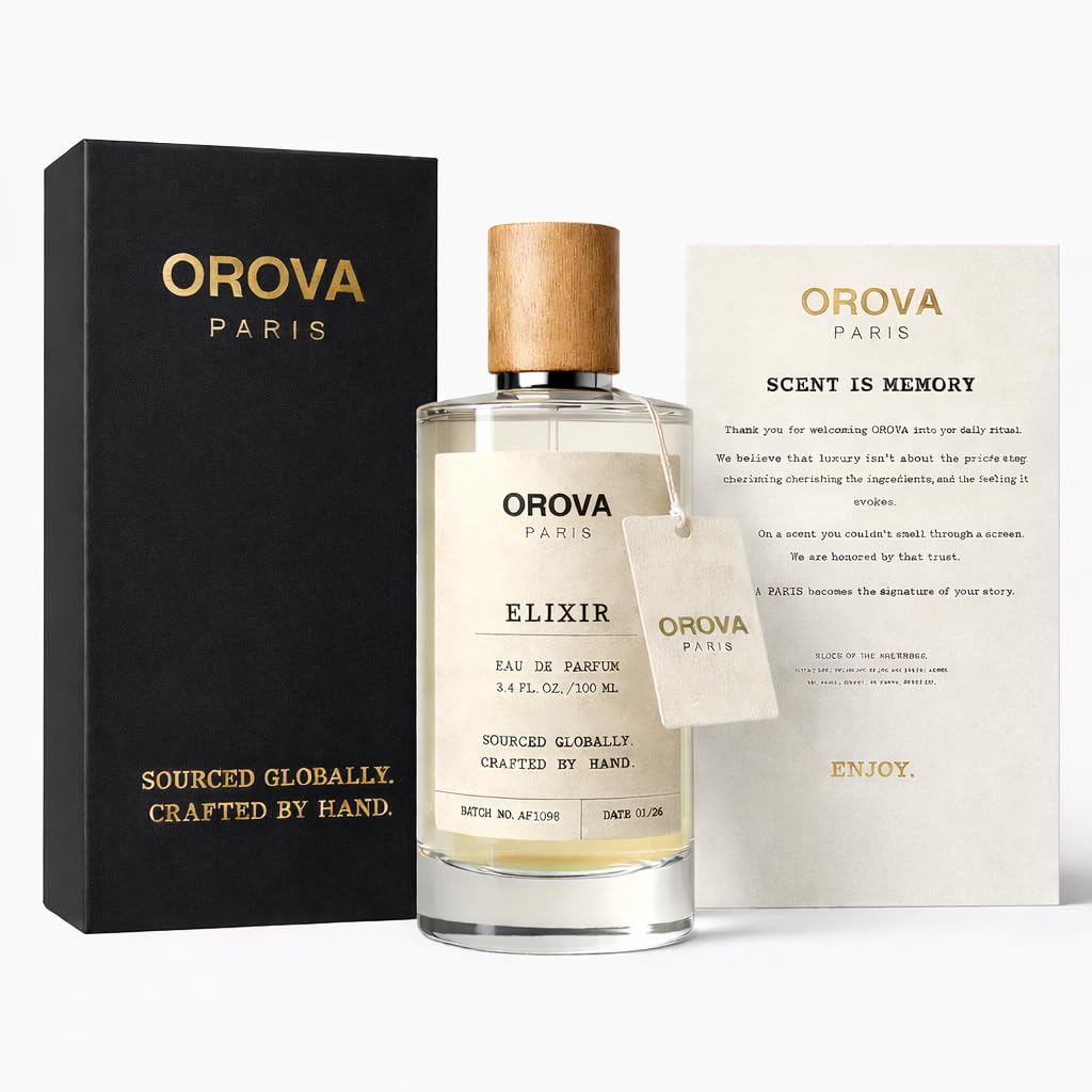 ORÖVA Paris Elixir Eau de Parfum bottle featuring strawberry and vanilla notes, with elegant design and floral accents.