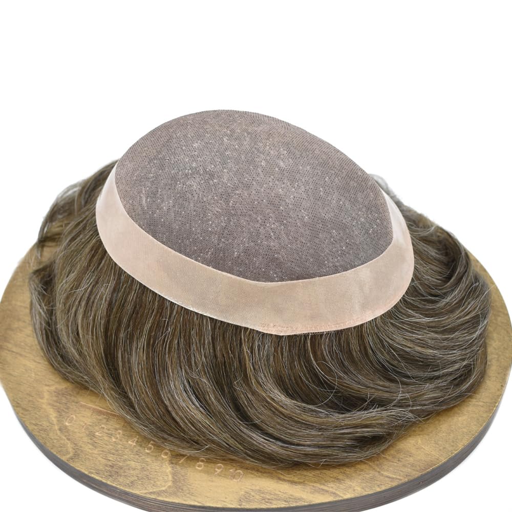 Curve Hair men's toupee wig in light brown with gray, 7x9 inches, monofilament hairpiece with durable poly coating.