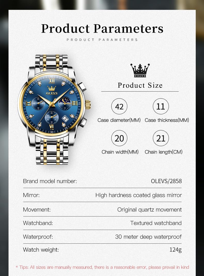 OLEVS Men's Luxury Dress Watch Blue Gold Silver Waterproof