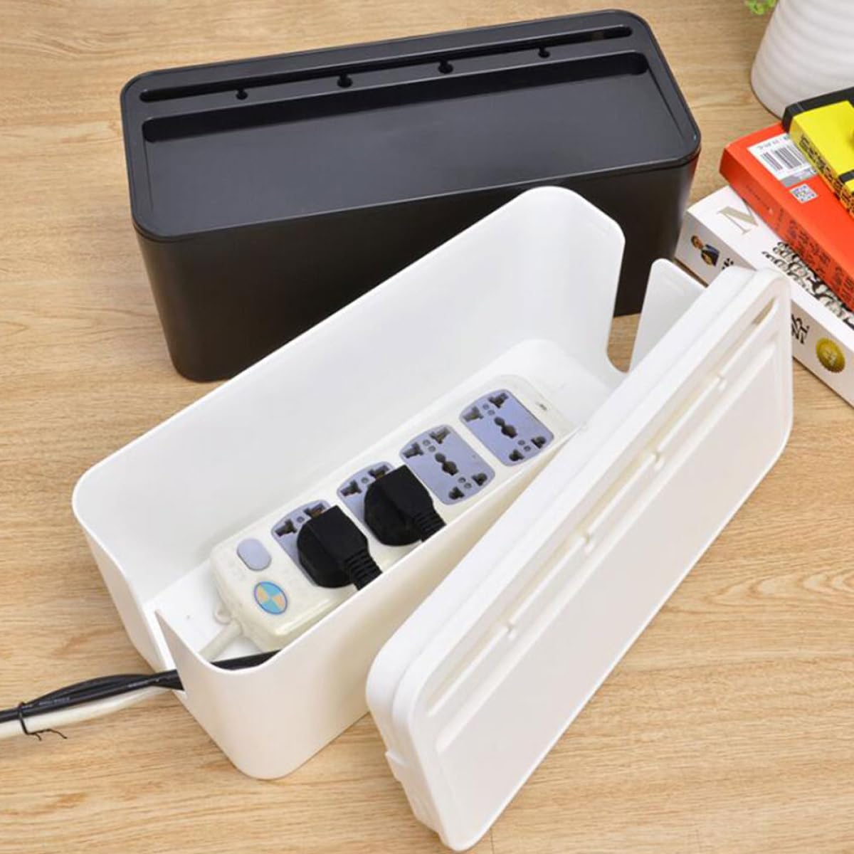 Housoutil Black Plastic Wire Organizer Box with Lid for Cable Storage