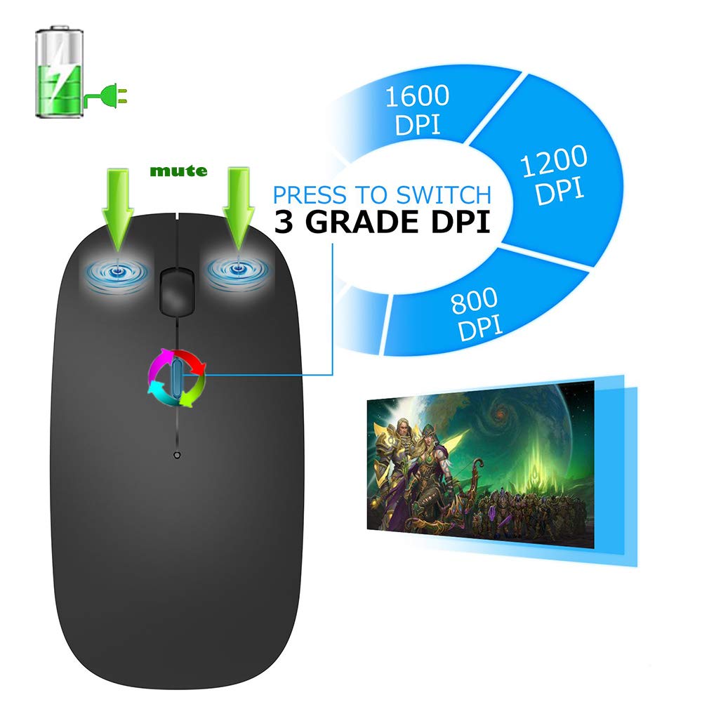 Black KLO wireless Bluetooth and USB rechargeable mouse for MacBook, iPad, Chromebook, and PC with multiple connectivity options.