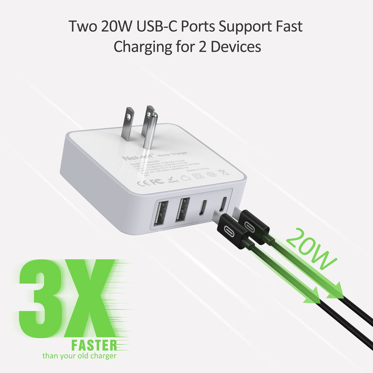Nekmit USB C Charger Thin Flat 52W 4 Port Fast Wall Charger - Nekmit Official Imagery - 4