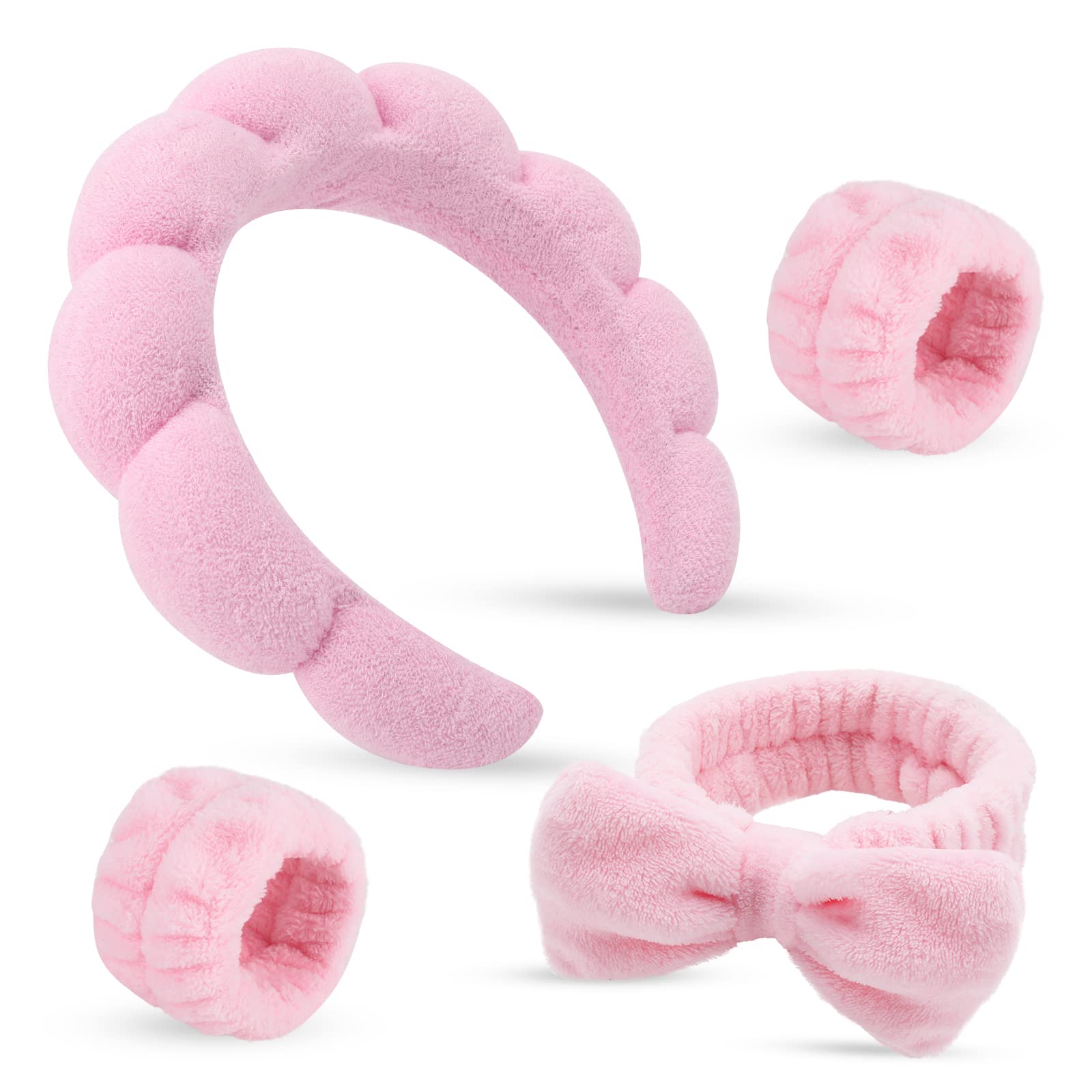 ATROCH Makeup Headband for Washing Face Wristband Set, Pink - View 2