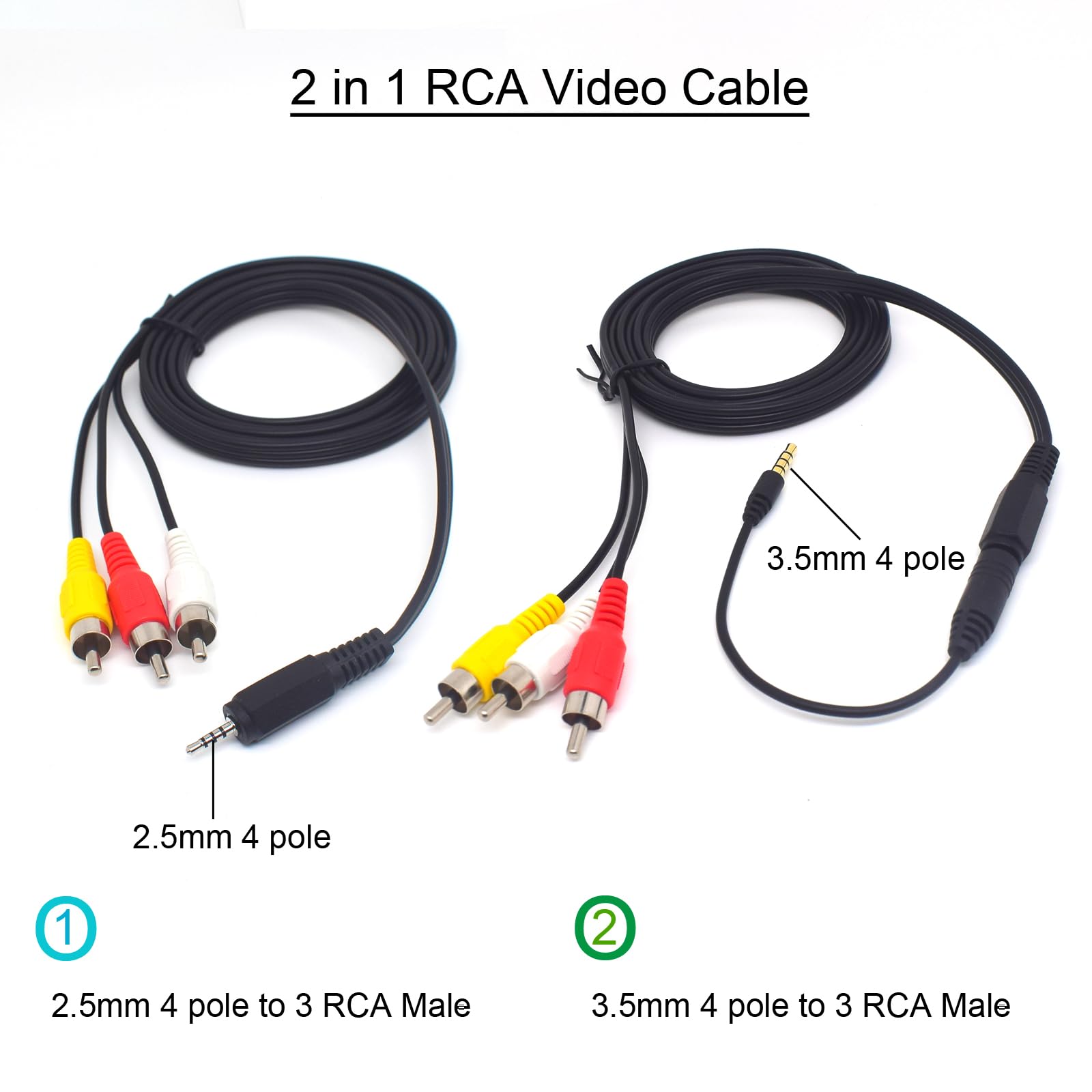 ELNONE 2.5mm 4-Pole to 3 RCA AUX AV Cable 5FT w/ 3.5mm Adapter fo by ELNONE - Angle View 6