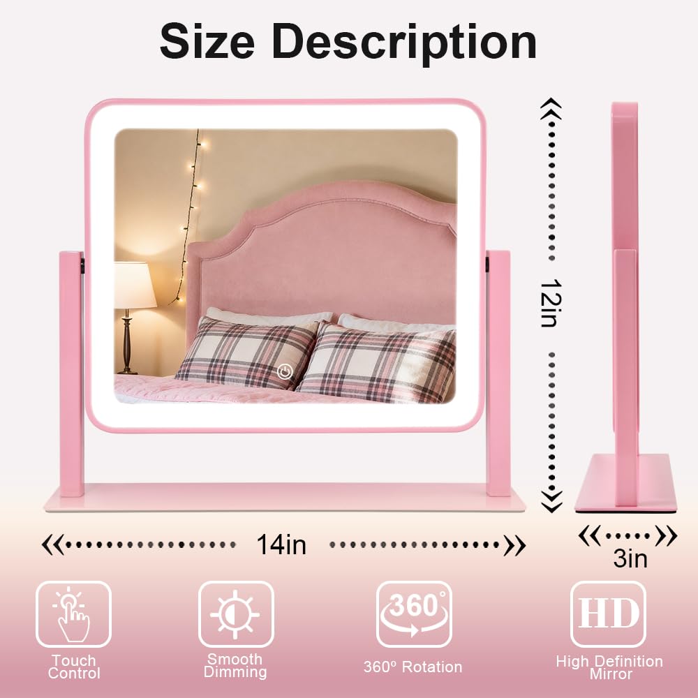 YEKKOPT Led Desk Vanity Mirror with Lights,10"×12" Pink Rechargeable Makeup Mirr - YEKKOPT Official Product View 2