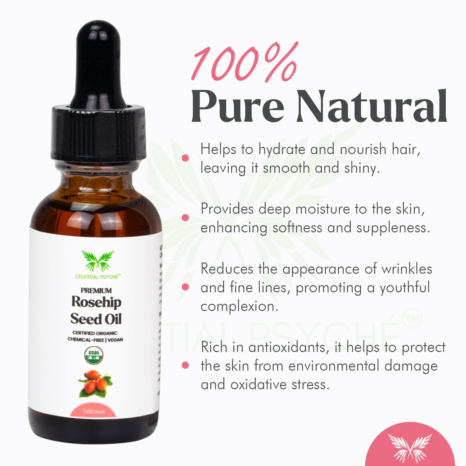 Celestial Psyché USDA Certified Organic Rosehip Seed Oil 100% Pure Natural, - Celestial Psyché Official Product View 2