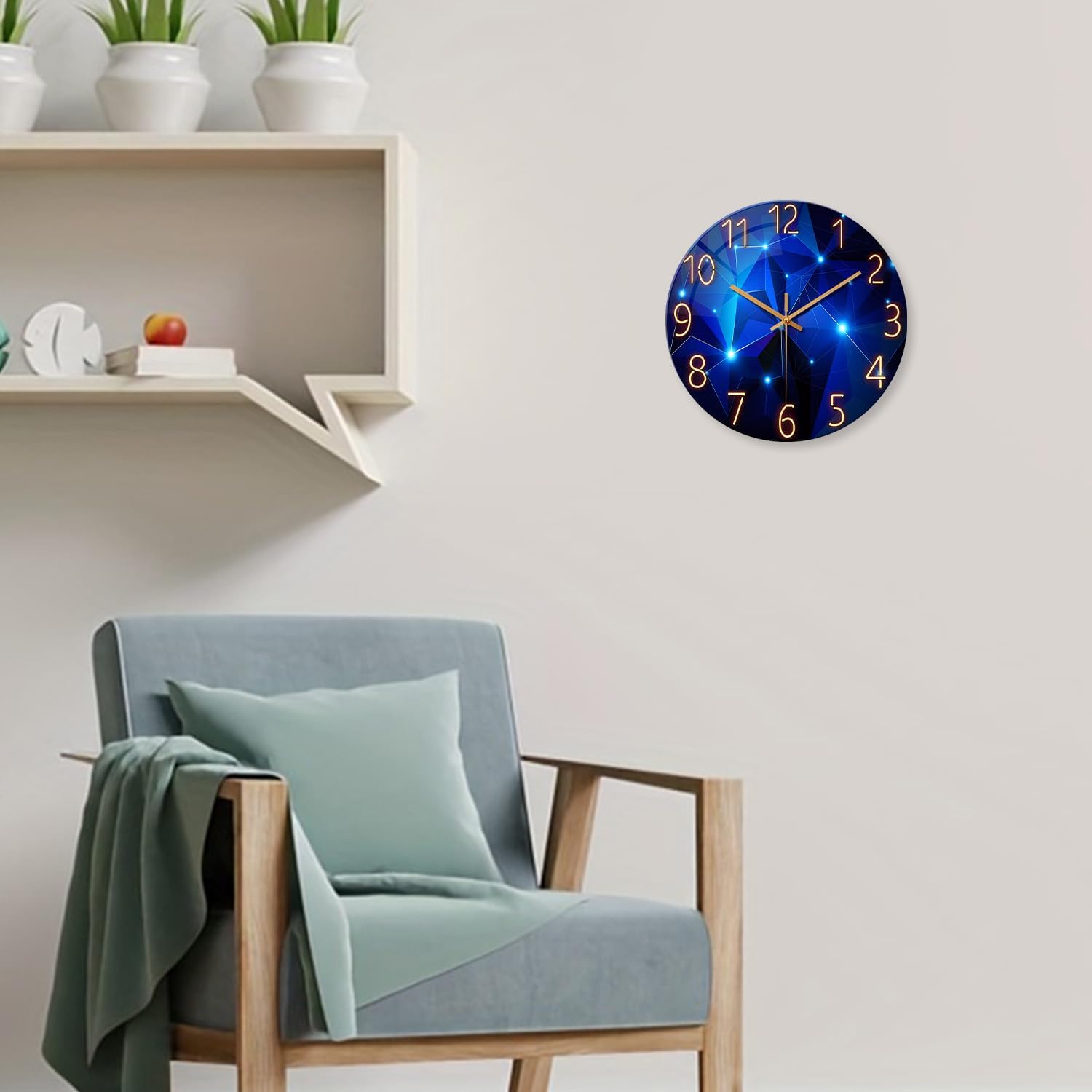 Blue 12-inch round glass wall clock by Constantplanet, battery-operated decor clock for living rooms and kitchens, non-ticking design