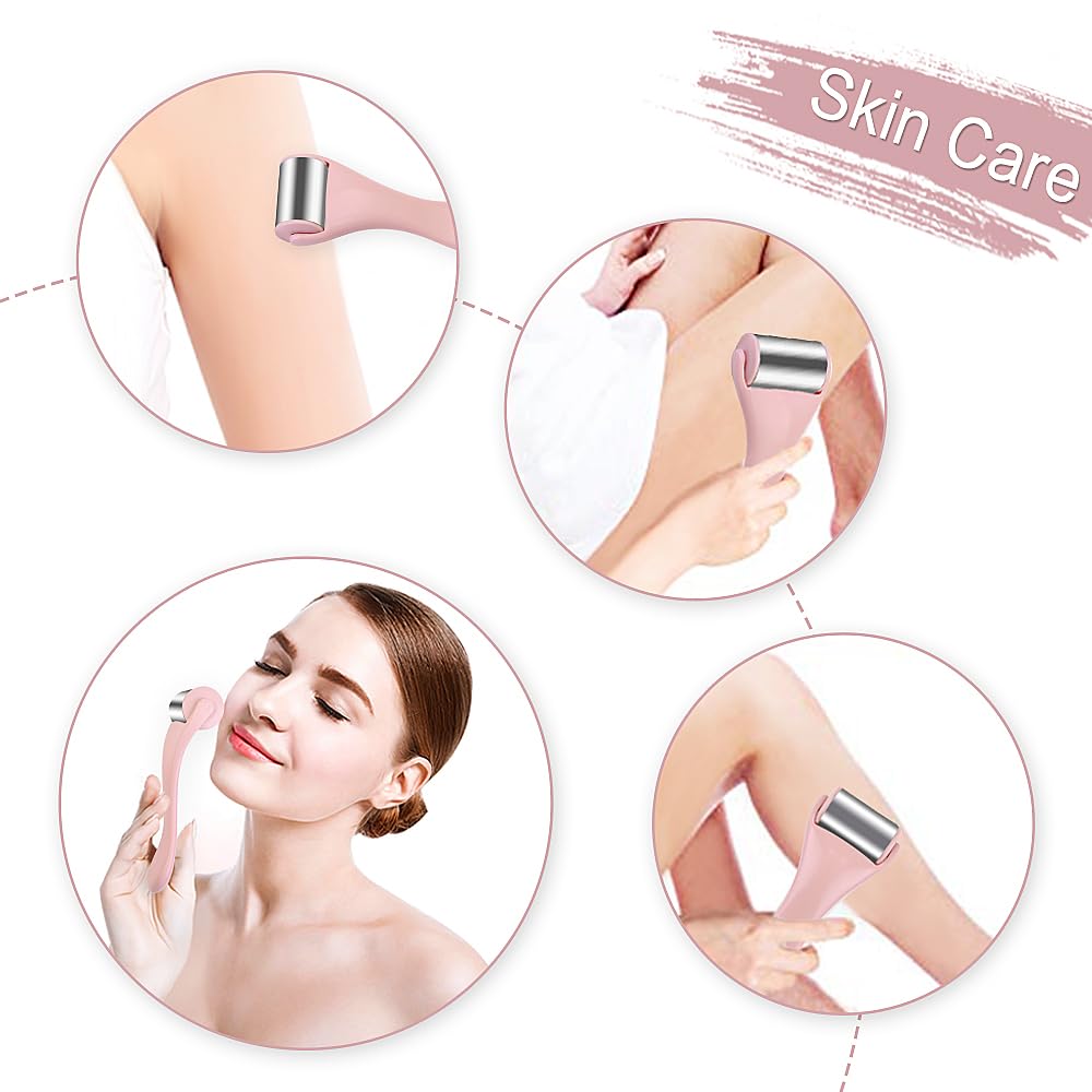 Pink MAANGE stainless steel facial ice roller for beauty, shown with smooth, rounded roller head for skin cooling and massage.