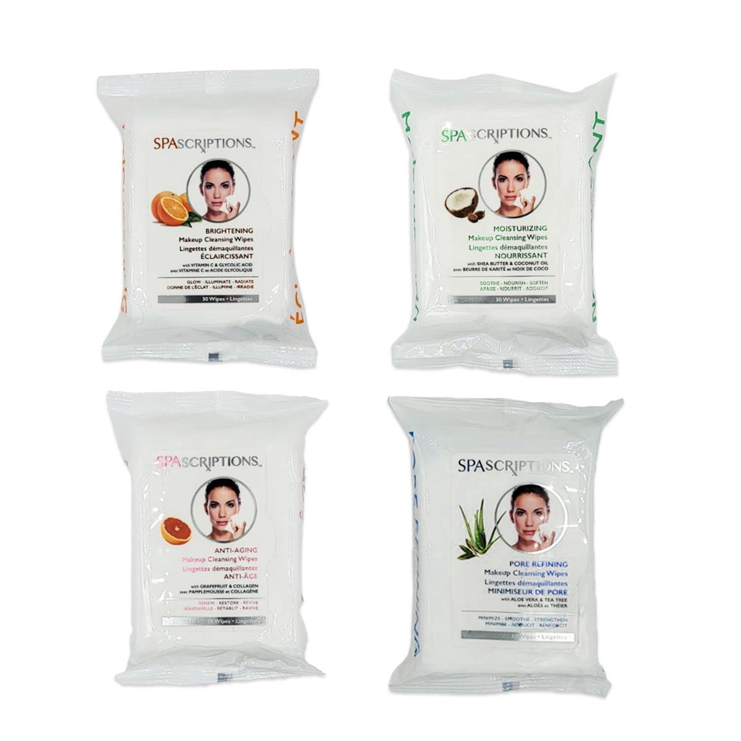 SpaScriptions Makeup Cleansing Wipes 30 CT, Variety 4 pack,02786 - Global Beauty Care