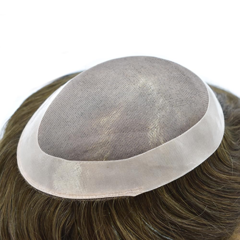 Curve Hair Mens Toupee Human Hair Piece Replacement System Monofilament Wig Hair Unit for Men Durable Poly Coated Mens Hairpiece (#520 Light-Med Brown+20% Gray, 6"X9")