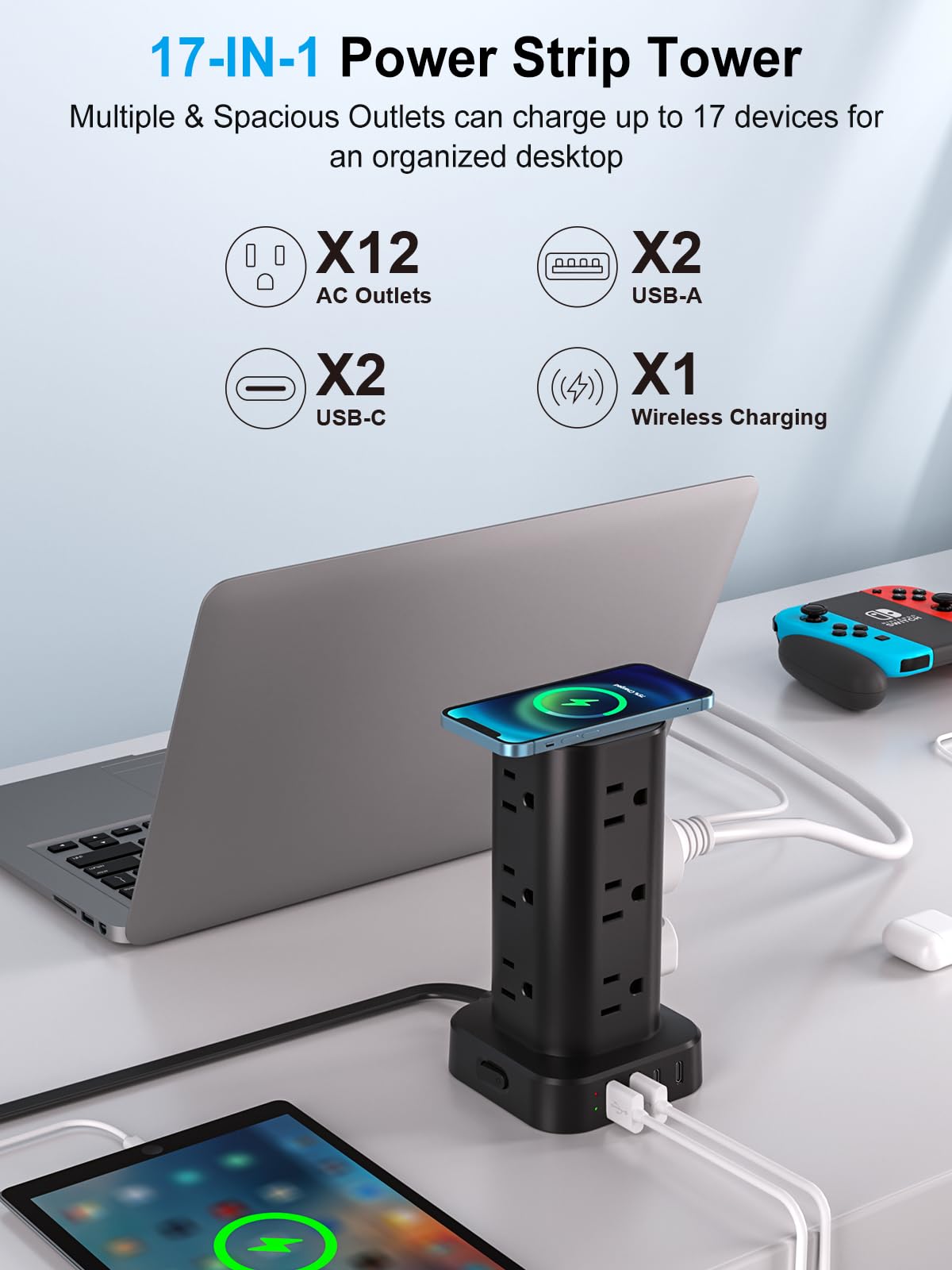 6FT Power Strip Tower with Wireless Charger Surge Protector - UWIWUTEI Official Imagery - 3