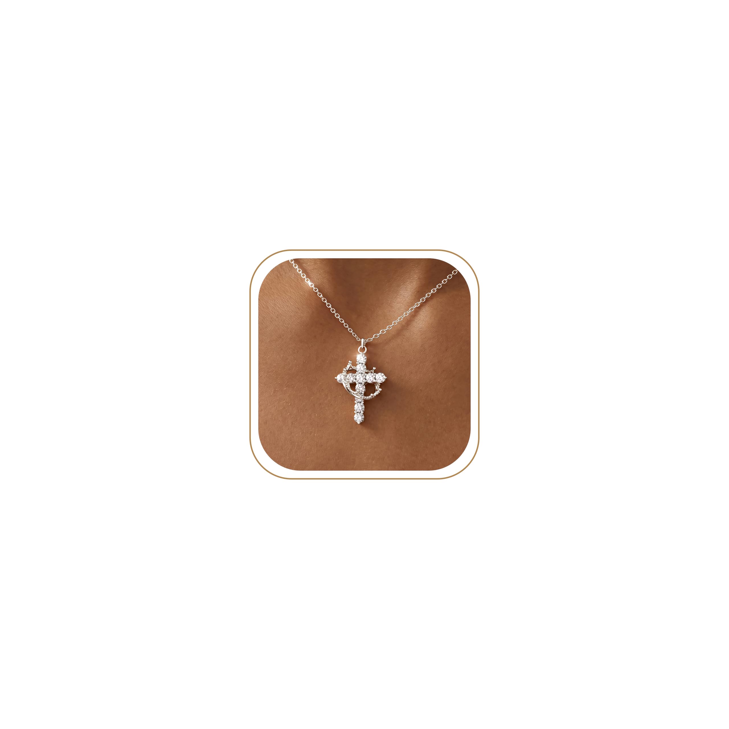 Crown Cross Necklace Sterling Silver Jesus Faith Baptism Gifts - Product Imagery