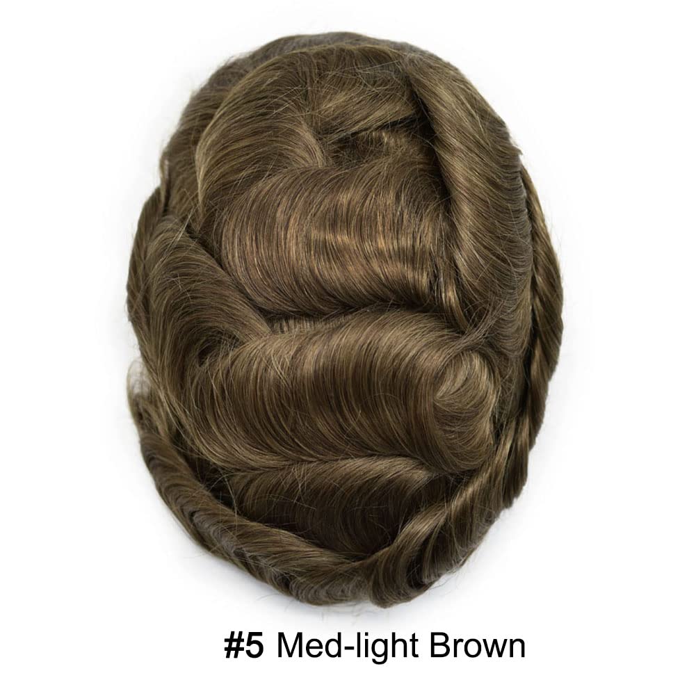 Curve Hair Mens Toupee Human Hair Piece Replacement System Monofilament Wig Hair Unit for Men Durable Poly Coated Mens Hairpiece (#5 Med-light Brown, 8"X10")