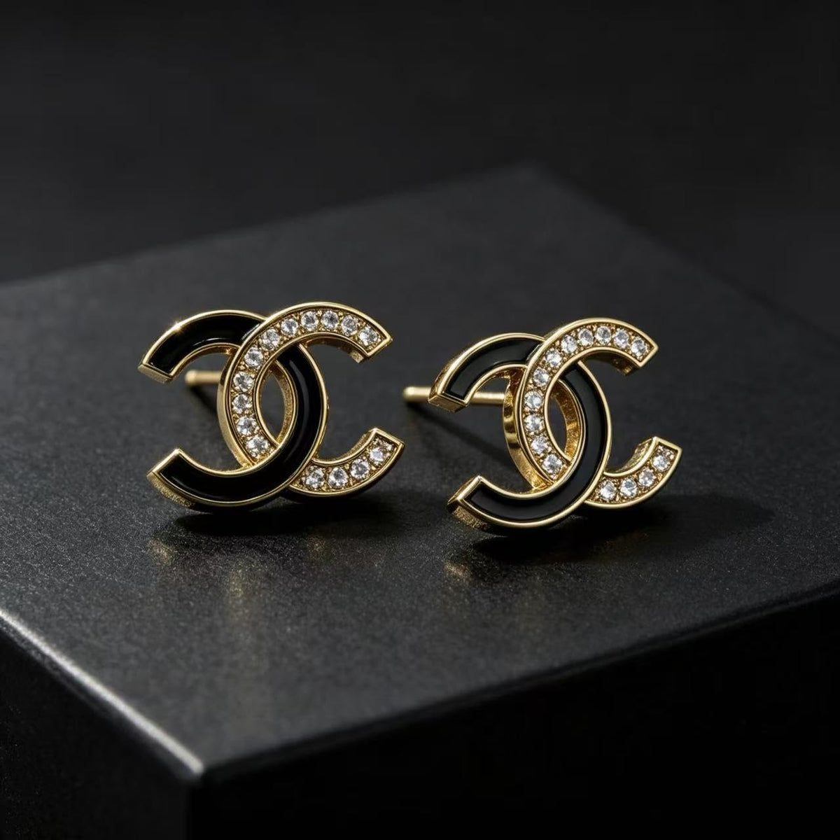 Glossy Black Enamel Rhinestone Two Tone Flat Stud Earrings - Premium Selection Official Imagery - 3