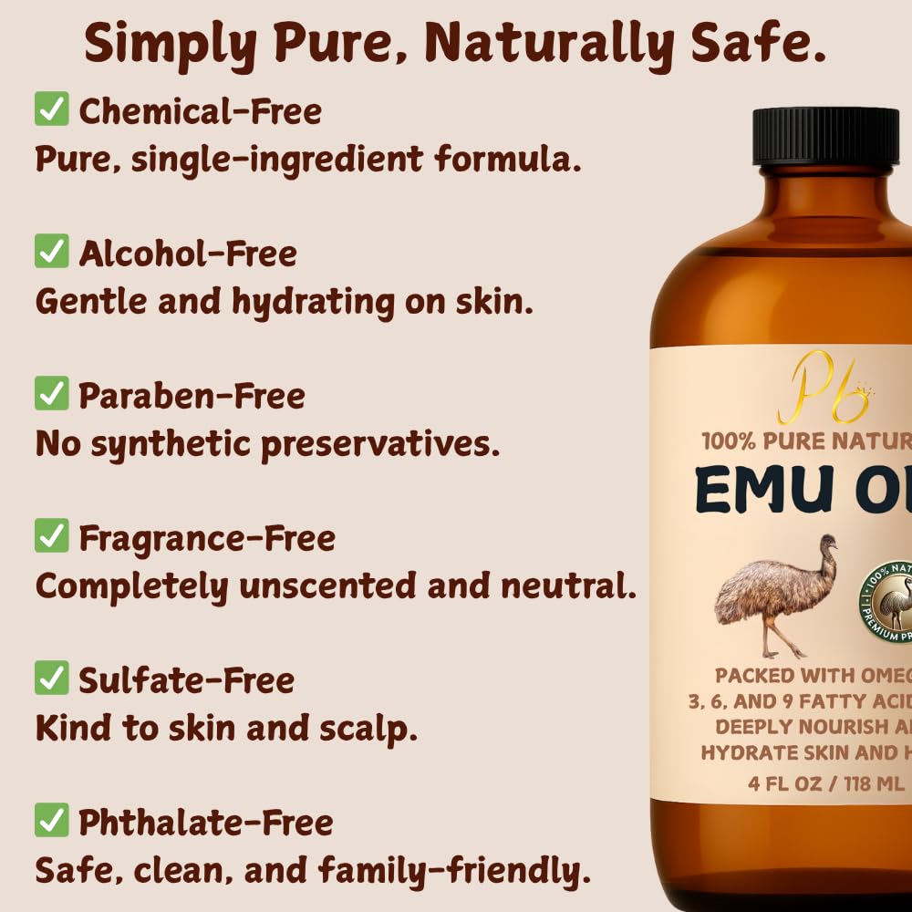 Pomberries Emu Oil, 100% Pure Australian Emu Oil for Skin, 4 fl oz