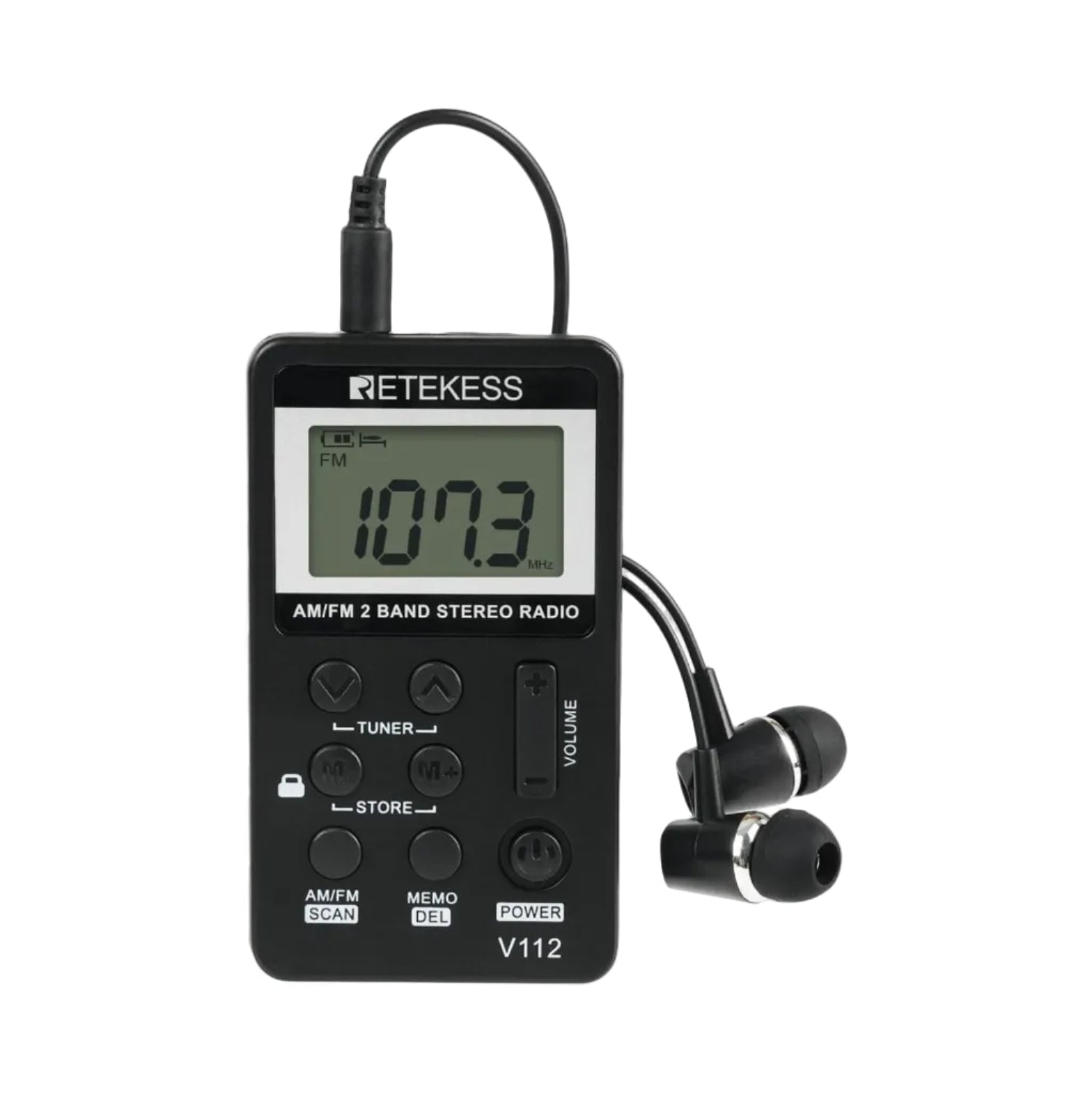 Retekess V112 AM FM digital pocket radio in black with LCD display and earphone, rechargeable battery for walking and jogging.