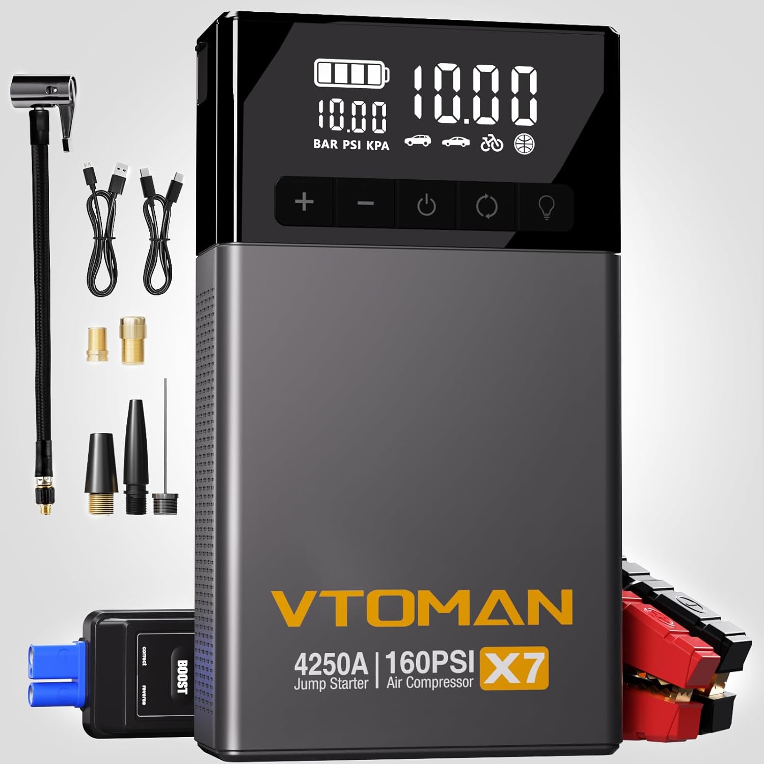 VTOMAN X7 Jump Starter with air compressor for pickup trucks and SUVs, showing the device connected to a vehicle's battery