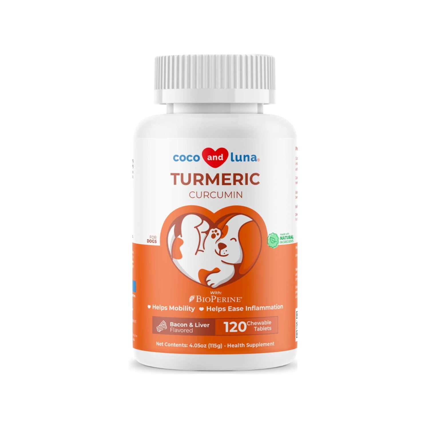Coco and Luna turmeric chews for dogs, anti-inflammatory pain relief, 120 chewable tablets, with turmeric root and dog bones in the background