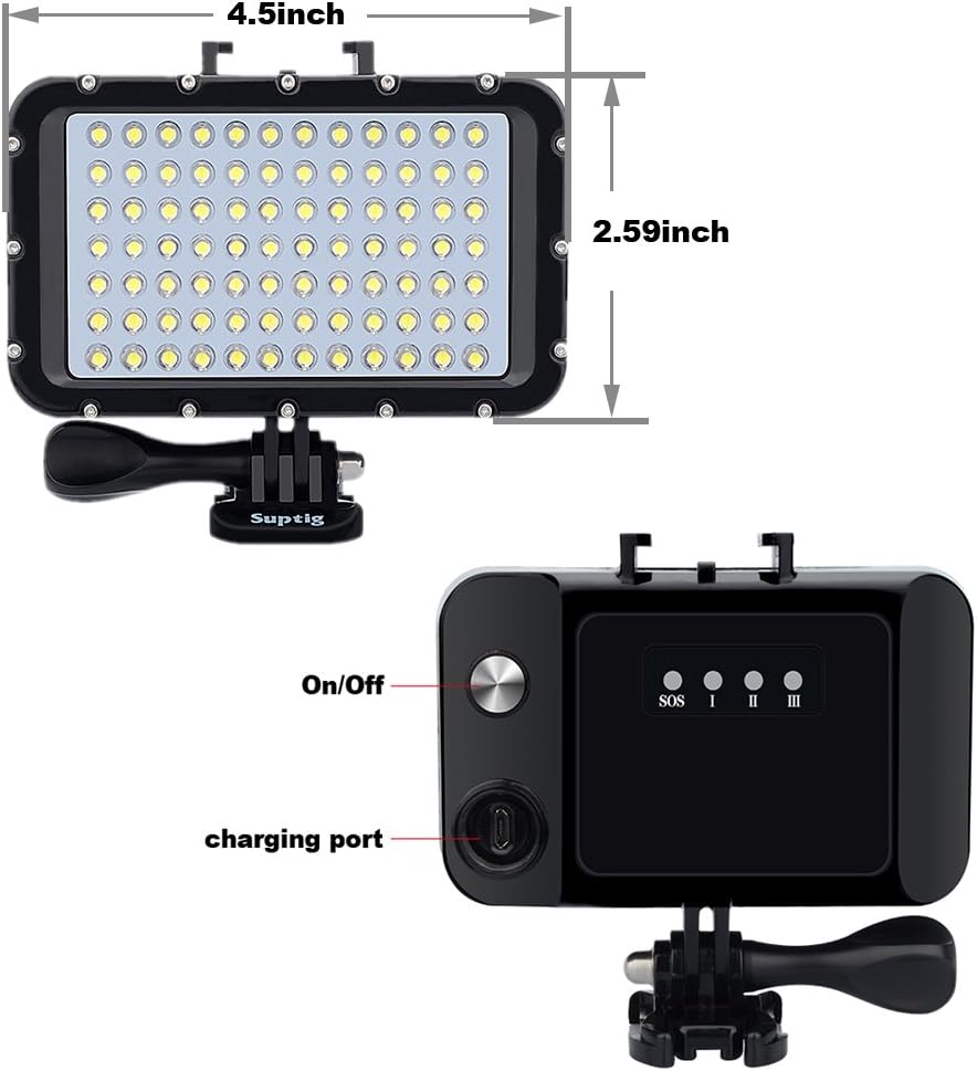 Suptig underwater dive light with 84 high-power LED bulbs, dimmable for underwater photography and exploration.