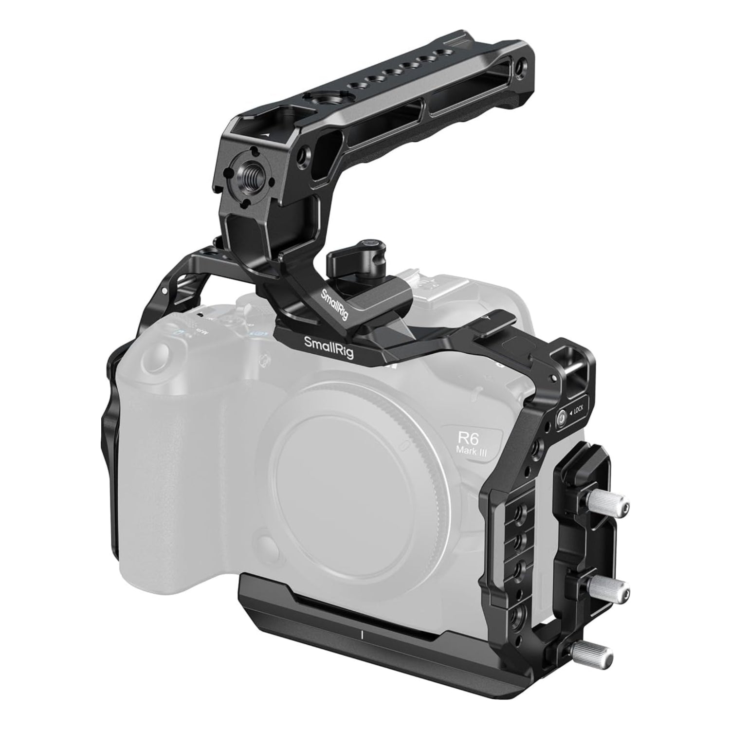 SmallRig camera cage for Canon R6 Mark III and R6 Mark II, lightweight metal frame for enhanced video recording and protection.