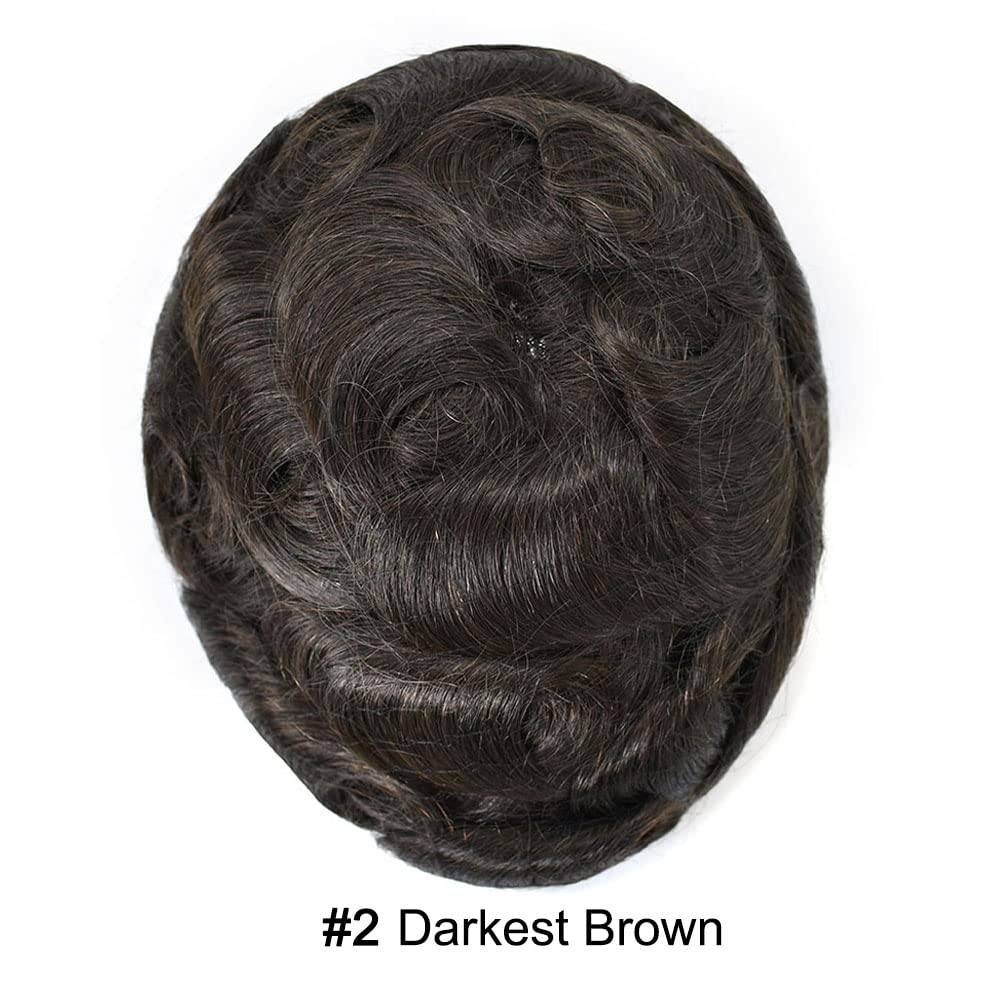 Curve Hair Mens Toupee Human Hair Piece Replacement System Monofilament Wig Hair Unit for Men Durable Poly Coated Mens Hairpiece (#2 Darkest Brown, 8"X10")