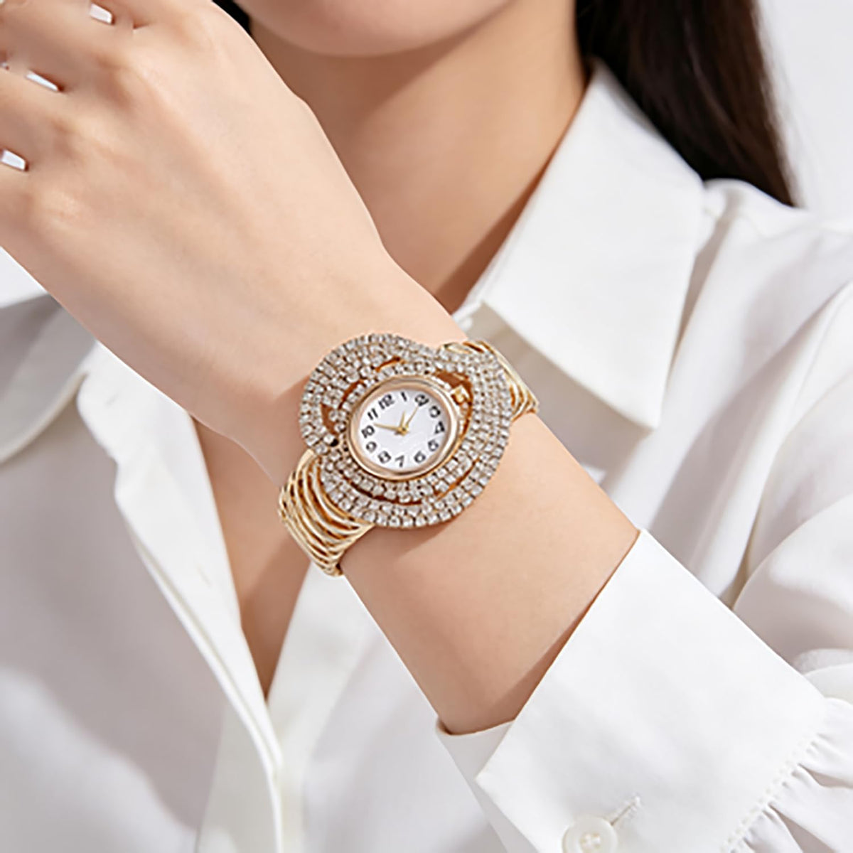 Women s Heart Shaped Crystal Bracelet Watch Gold Toned Cuffs - VILKFY Official Imagery - 6