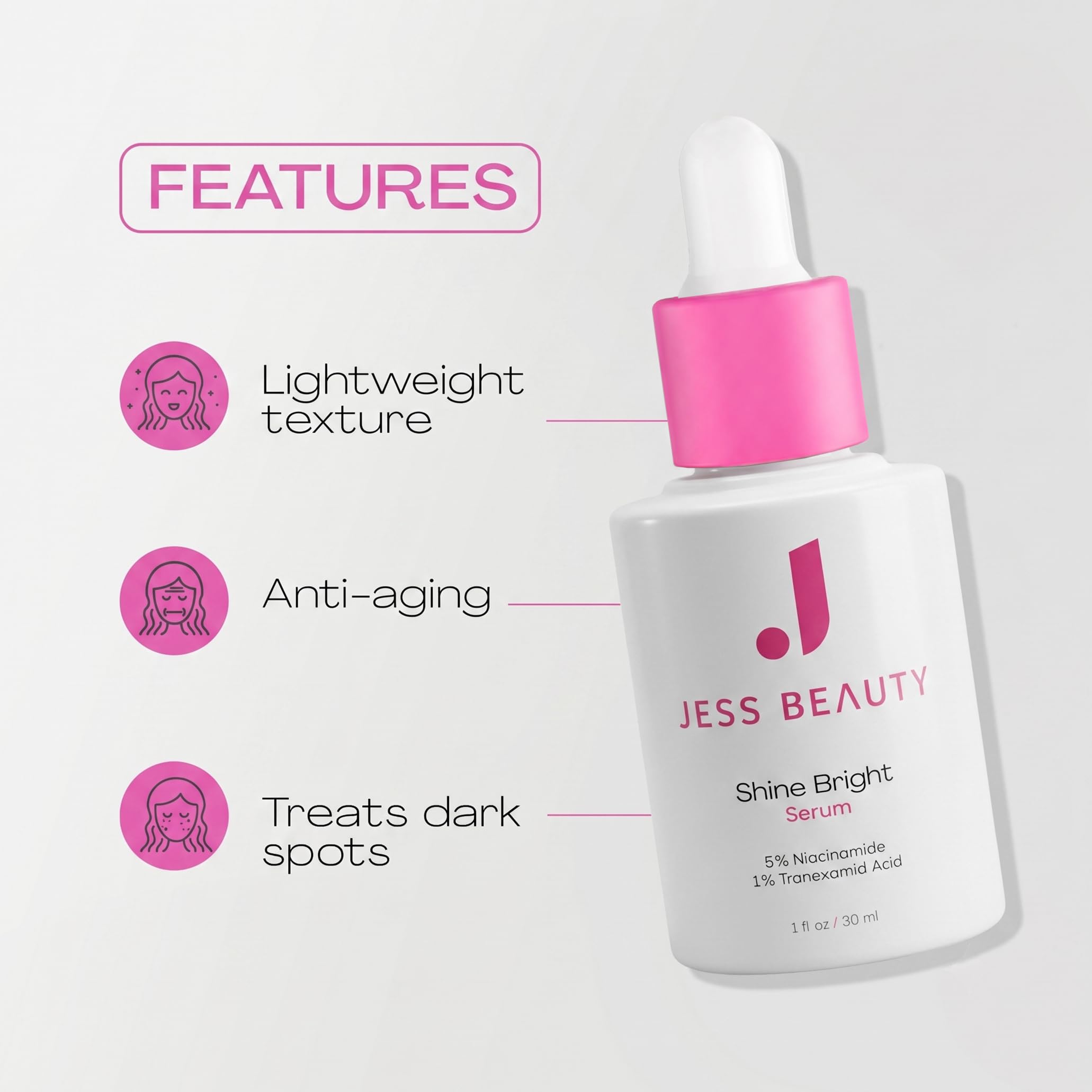 JESS BEAUTY | Shine Bright Serum | Niacinamide & Tranexamic Acid | for Dark Spots, Uneven Skin Tone & Radiant Glow | Hydrating & Brightening, Beta-Glucan & Centella Asiatica | Korean Skincare 1 fl oz - JESS BEAUTY Official Product View 4