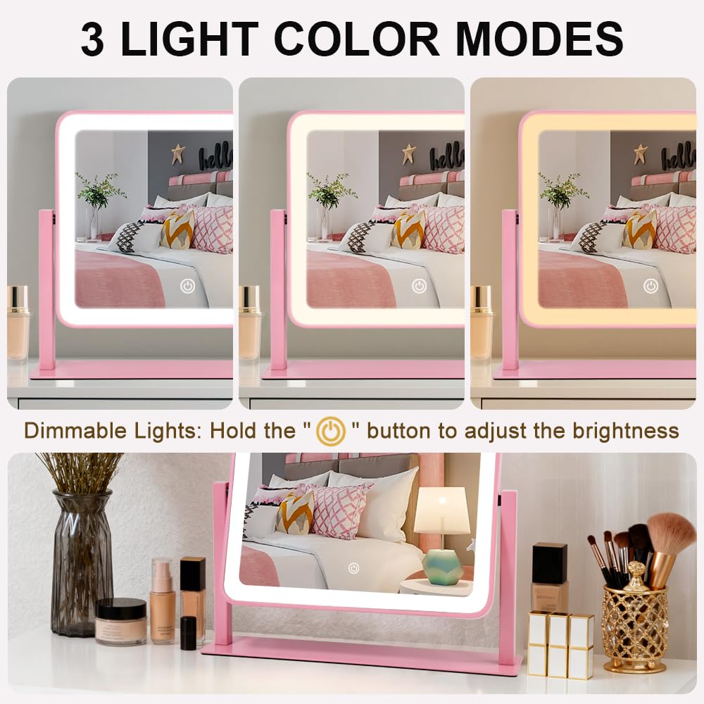 YEKKOPT Led Desk Vanity Mirror with Lights,10"×12" Pink Rechargeable Makeup Mirr - YEKKOPT Official Product View 4