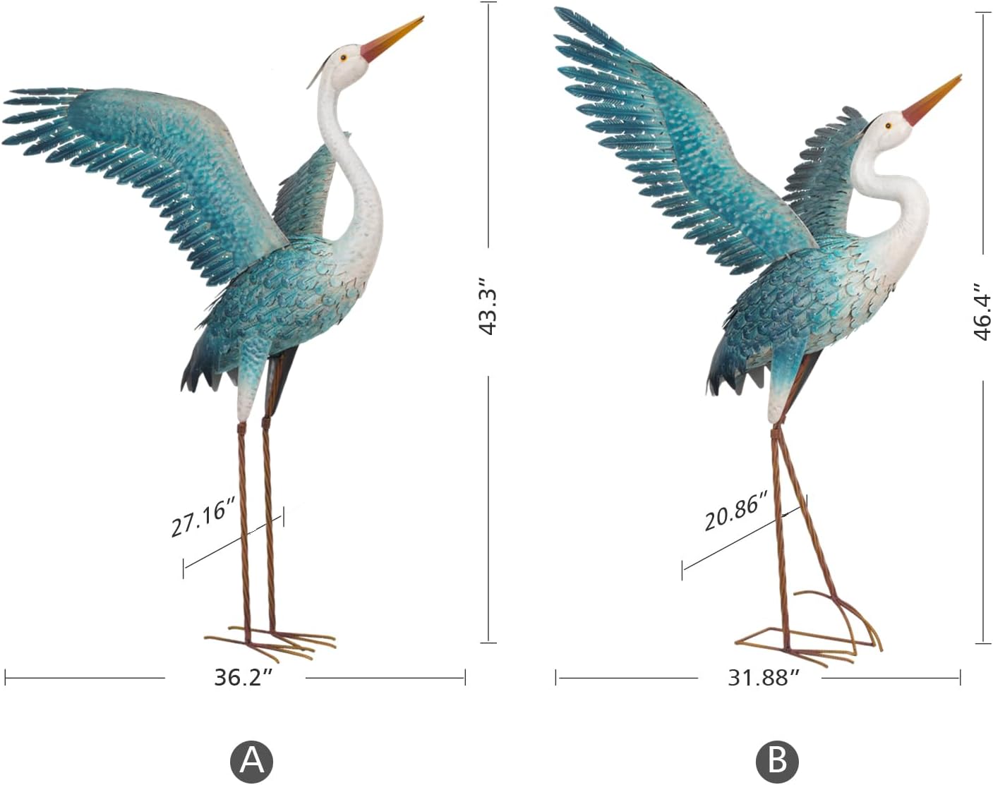 Pair of chisheen outdoor metal heron crane yard statues in white and blue, suitable for garden or outdoor decoration.
