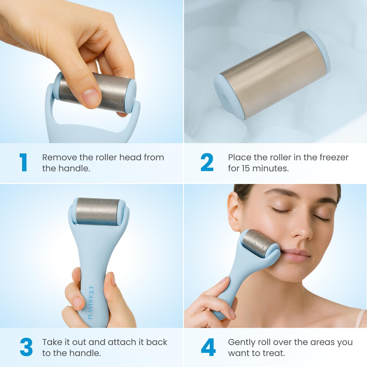 PLANTIFIQUE facial ice roller and stainless steel Gua Sha set with sleek tools for skin cooling and facial massage therapy.