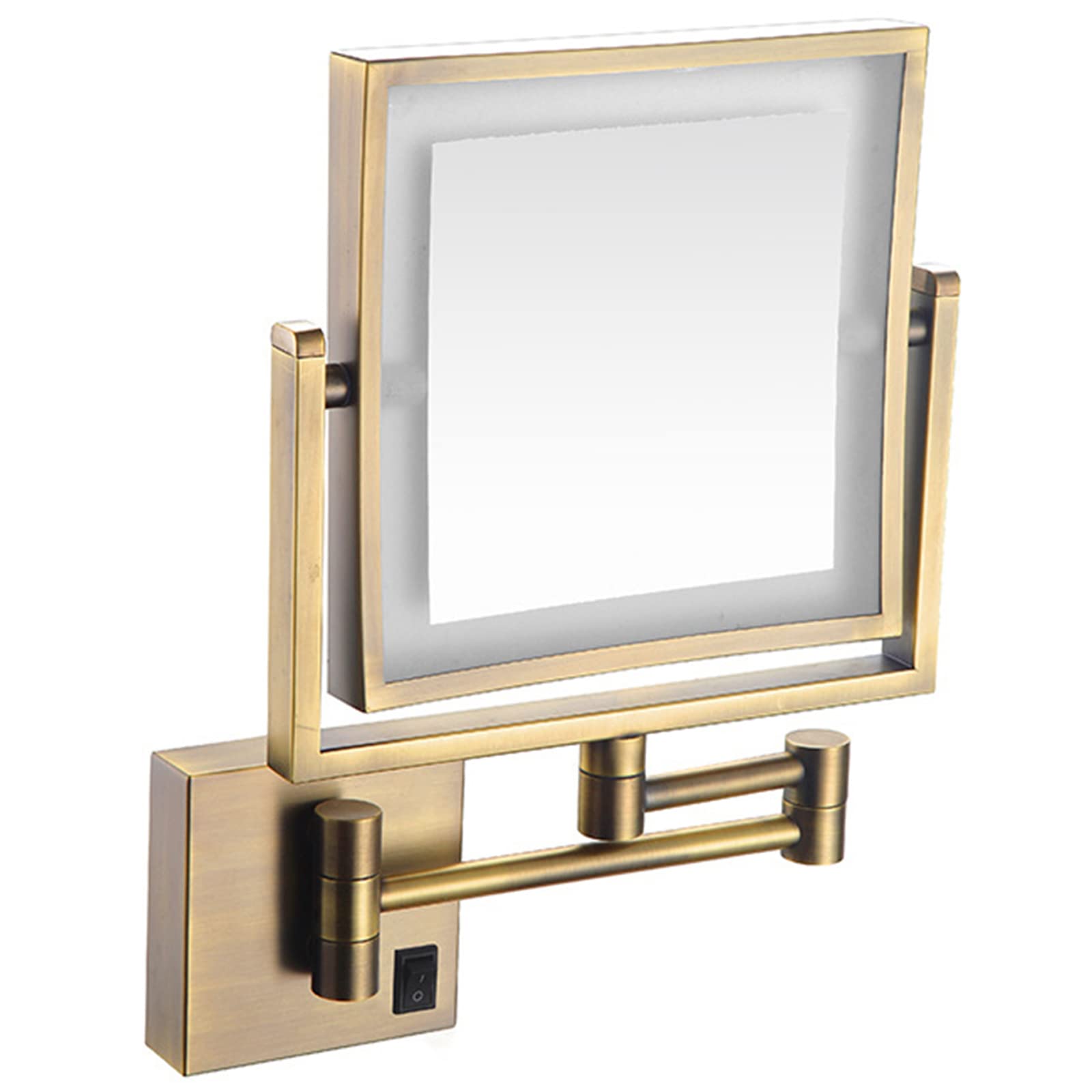 Wall-mounted brass LED makeup mirror with 360° rotation, double-sided magnification, illuminated for detailed beauty application.