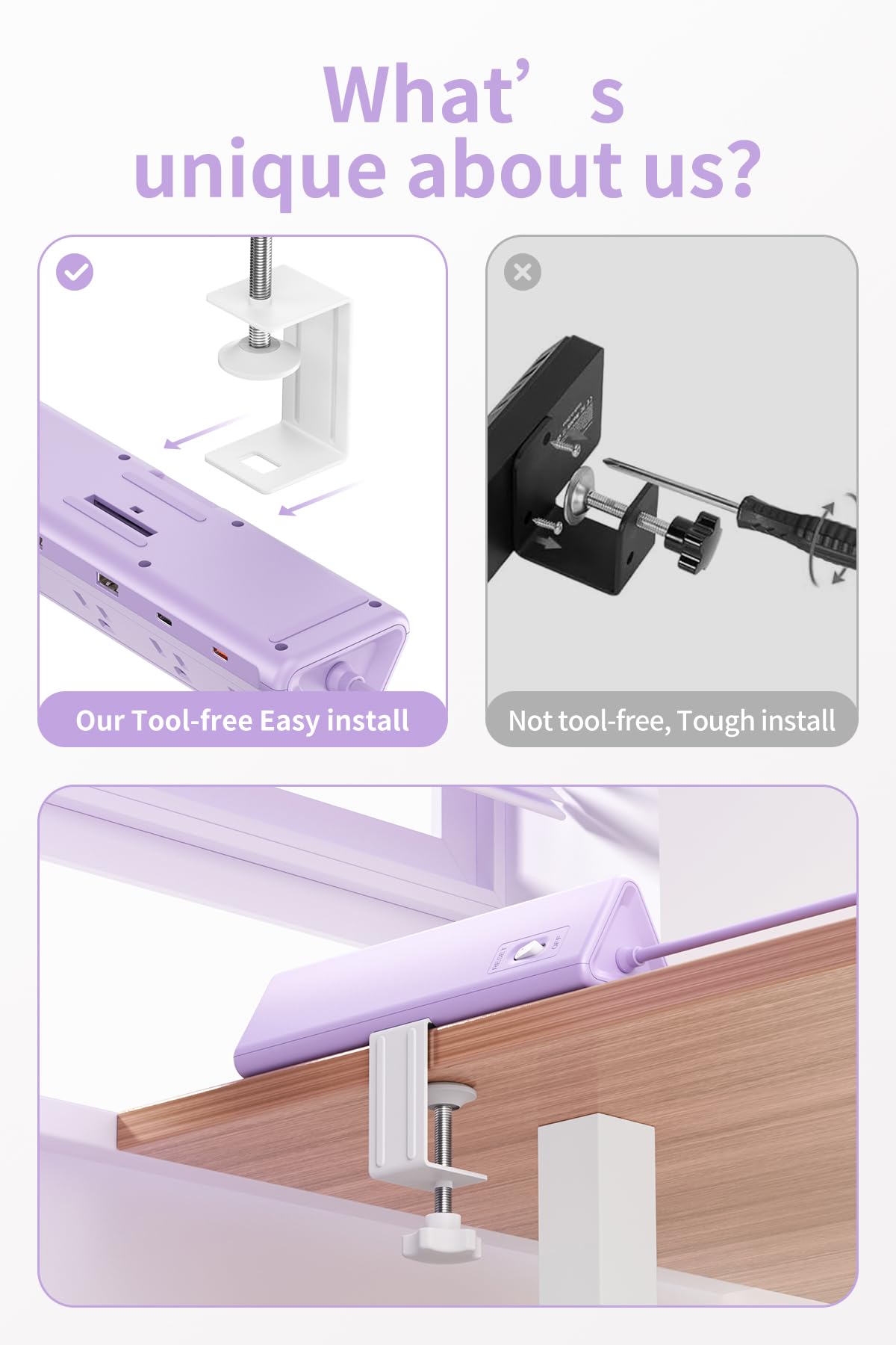 SMALLRT Purple Desk Clamp Power Strip with 6 5 FT Extension - SMALLRT Official Imagery - 4
