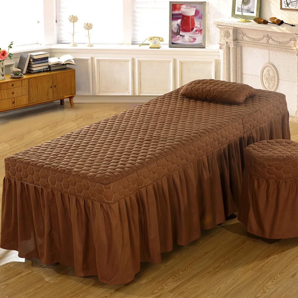 Massage Table Sheets Brown,80x190cm/31.4x74.8in,Massage Table Skirt with Face Hole,Solid Color Beauty Spa Bed Protective Cover Washable Elastic Massage Couch Cover